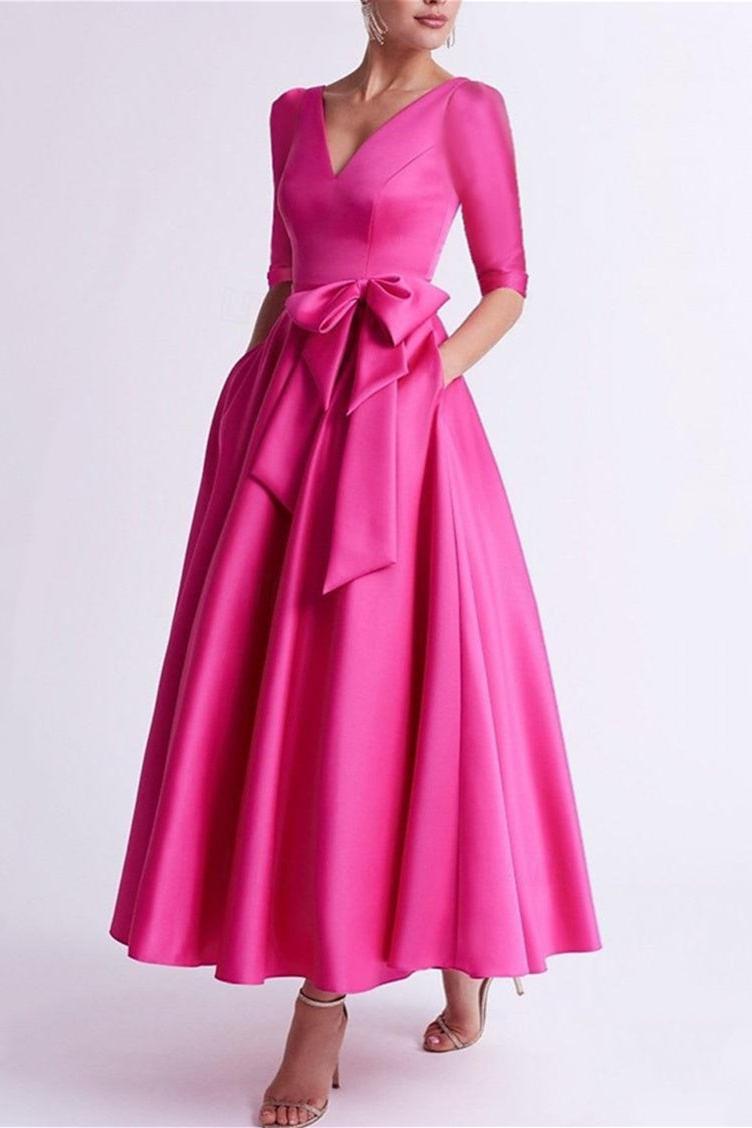 V Neck A Line Tea Length Satin Mother of the Bride Dress with Bow(s) and 3/4 Sleeves