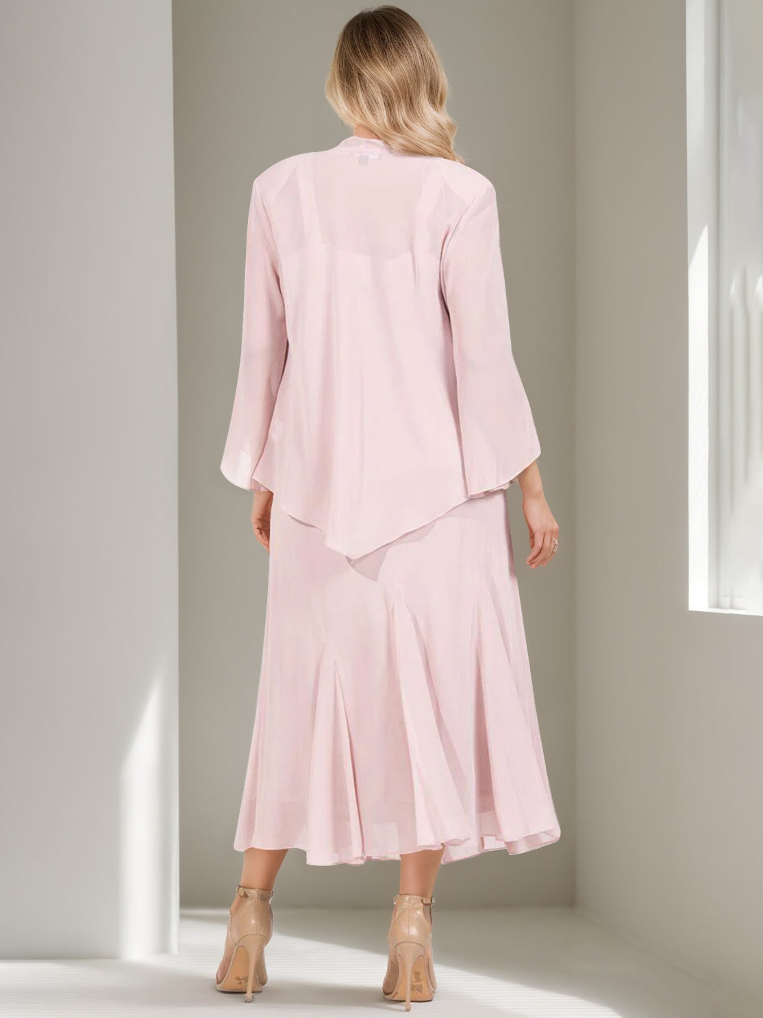 V Neck A Line Two Piece Plus Size Mother of the Bride Dress with Jacket and Sequins in Tea Length