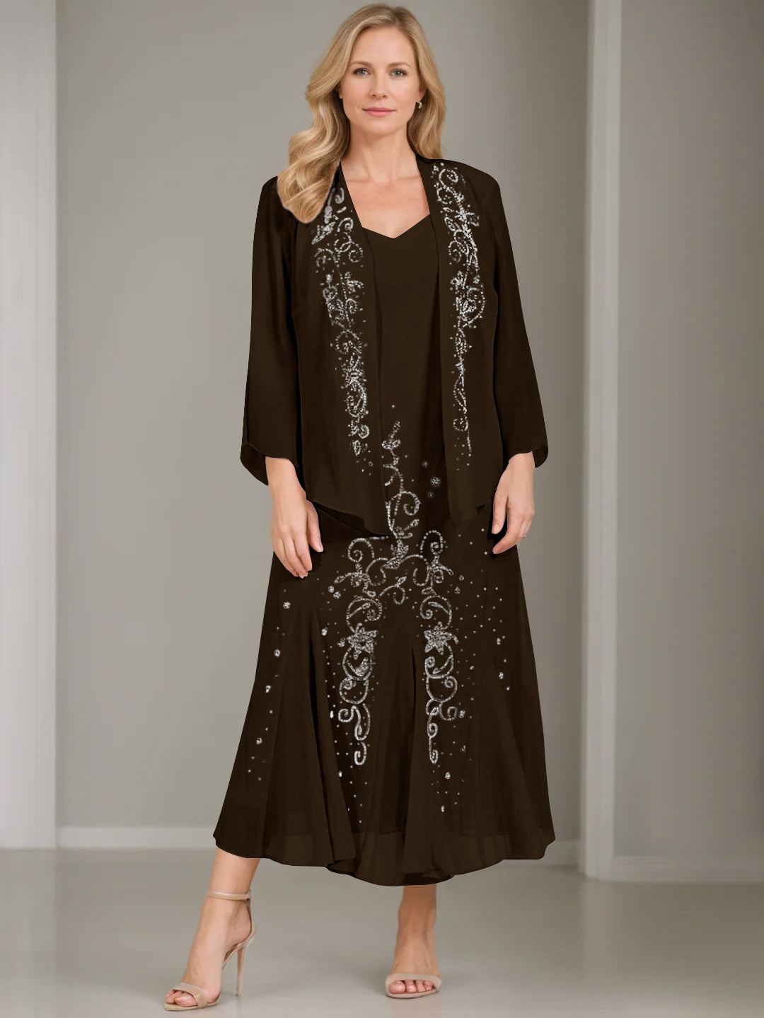 V Neck A Line Two Piece Plus Size Mother of the Bride Dress with Jacket and Sequins in Tea Length