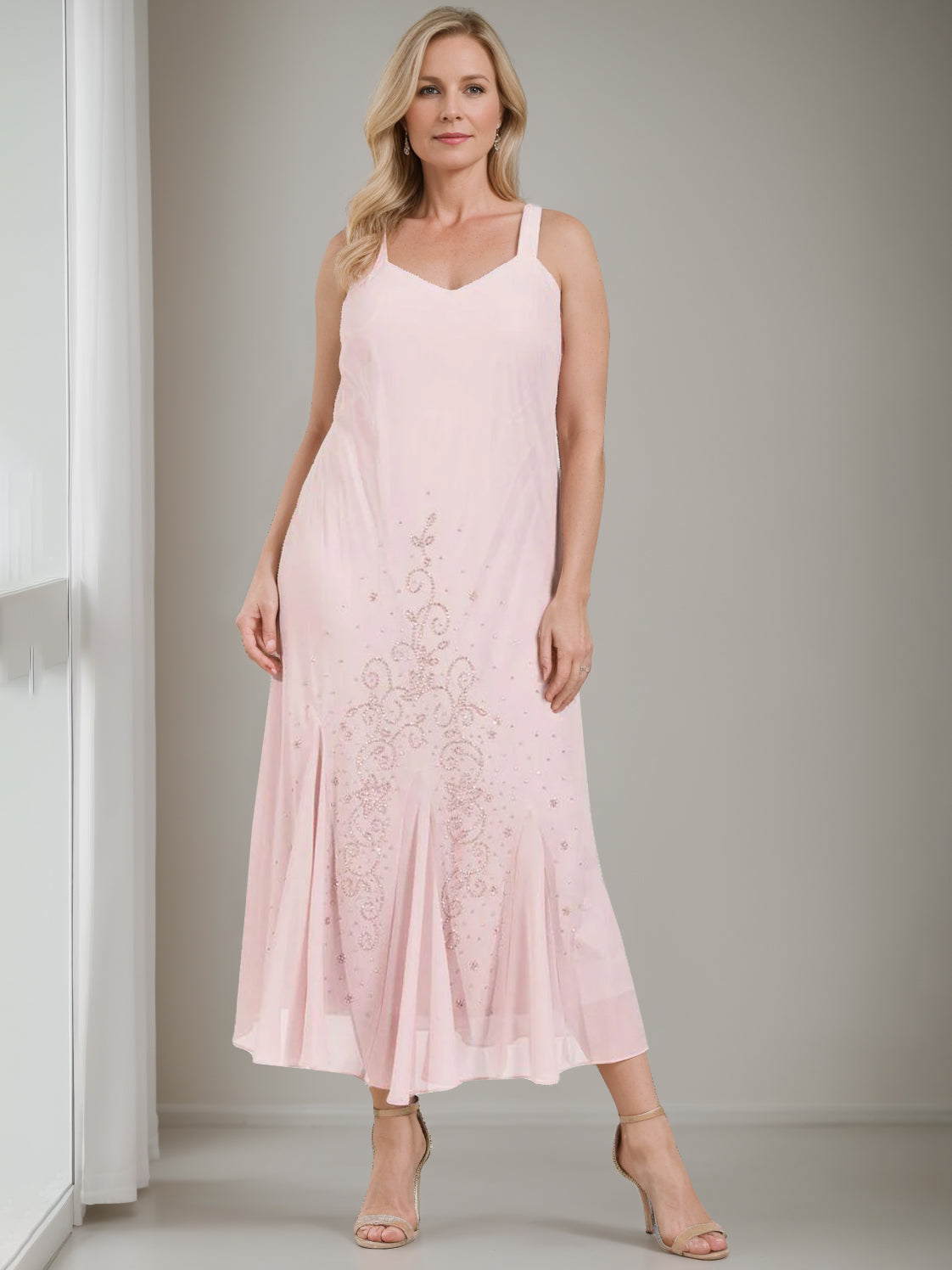 V Neck A Line Two Piece Plus Size Mother of the Bride Dress with Jacket and Sequins in Tea Length