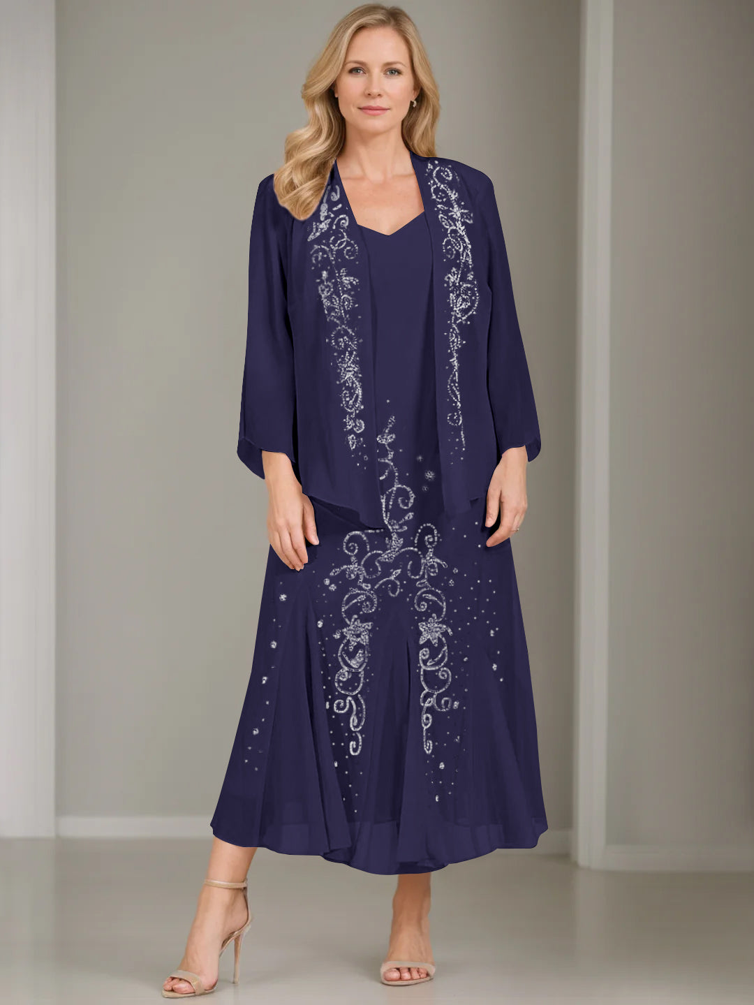 V Neck A Line Two Piece Plus Size Mother of the Bride Dress with Jacket and Sequins in Tea Length