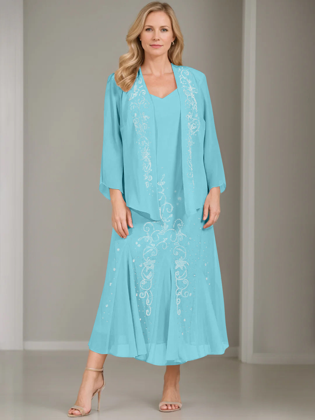 V Neck A Line Two Piece Plus Size Mother of the Bride Dress with Jacket and Sequins in Tea Length