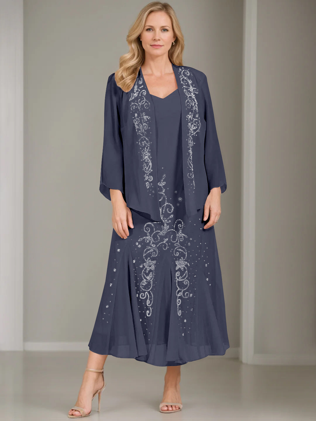 V Neck A Line Two Piece Plus Size Mother of the Bride Dress with Jacket and Sequins in Tea Length