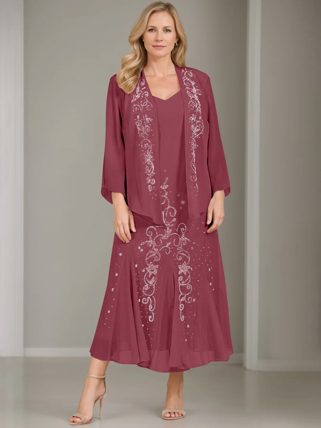 V Neck A Line Two Piece Plus Size Mother of the Bride Dress with Jacket and Sequins in Tea Length