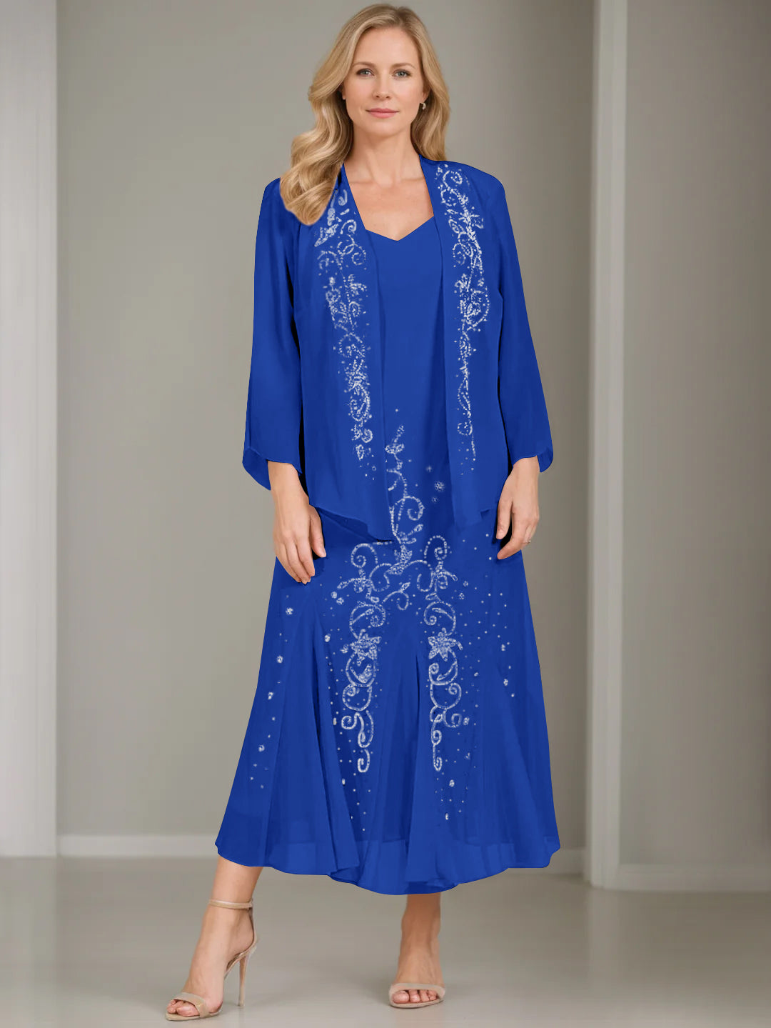 V Neck A Line Two Piece Plus Size Mother of the Bride Dress with Jacket and Sequins in Tea Length