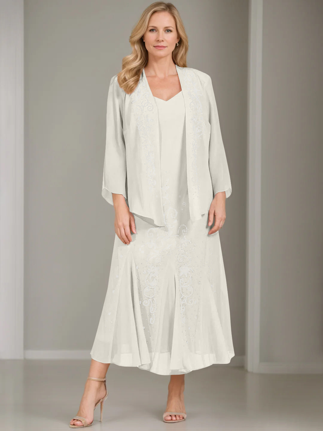 V Neck A Line Two Piece Plus Size Mother of the Bride Dress with Jacket and Sequins in Tea Length