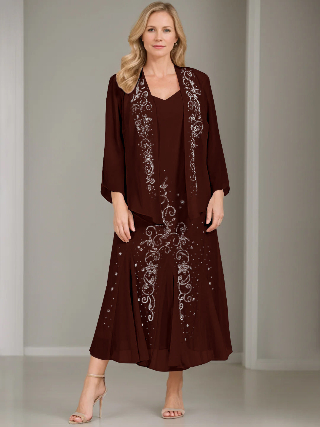 V Neck A Line Two Piece Plus Size Mother of the Bride Dress with Jacket and Sequins in Tea Length