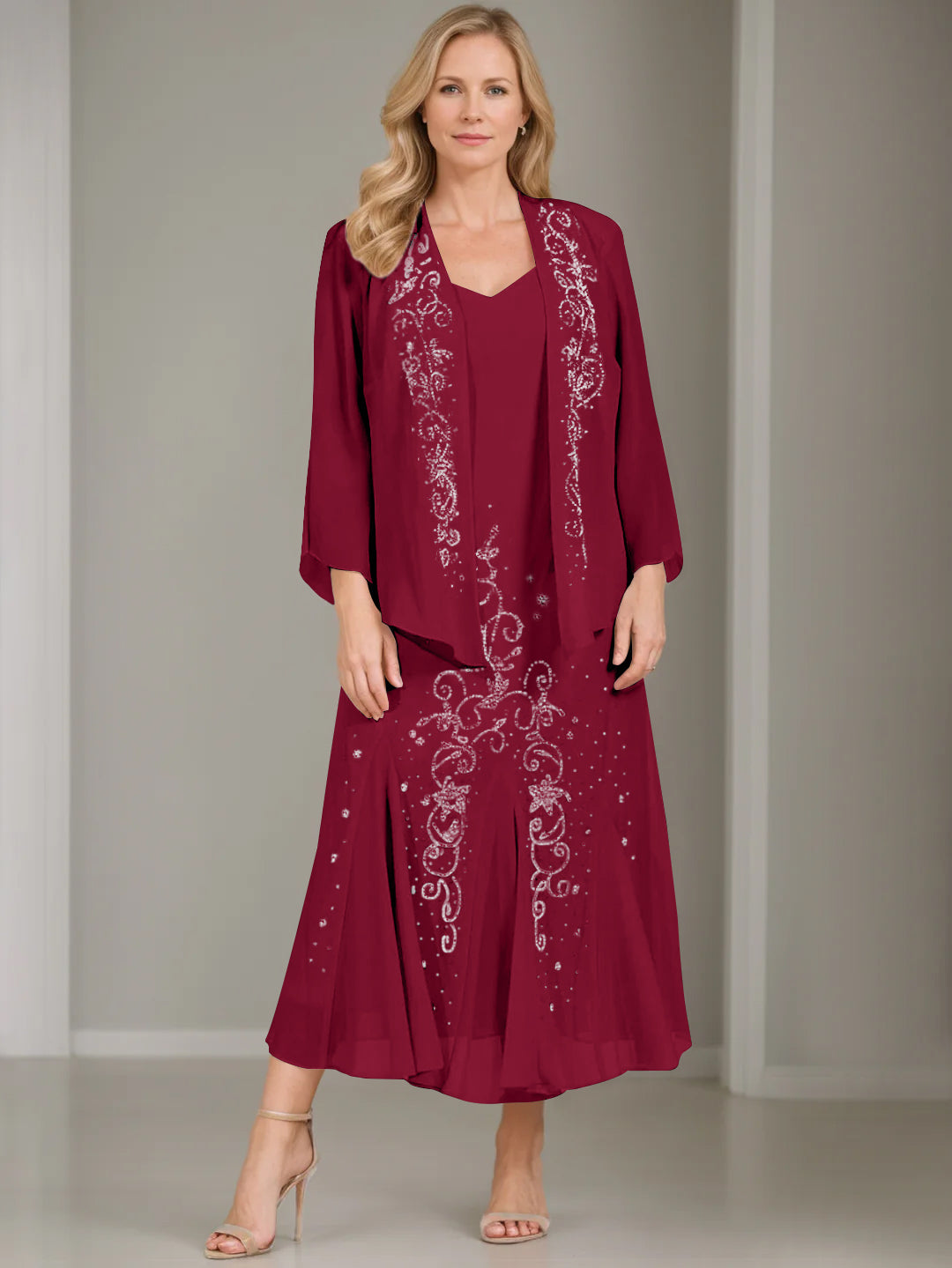 V Neck A Line Two Piece Plus Size Mother of the Bride Dress with Jacket and Sequins in Tea Length