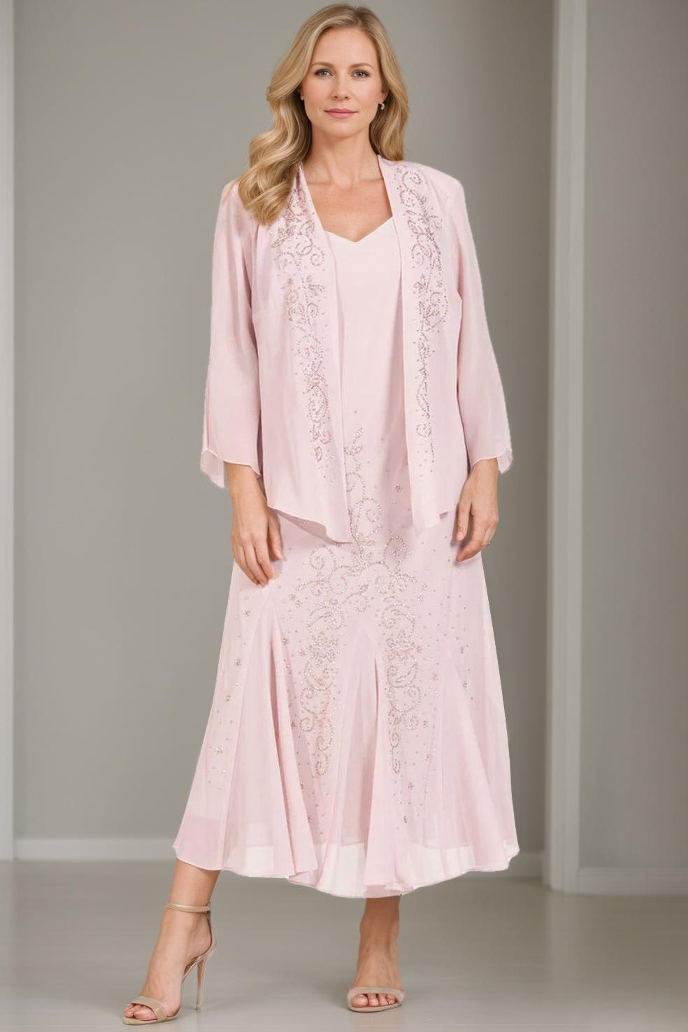 V Neck A Line Two Piece Plus Size Mother of the Bride Dress with Jacket and Sequins in Tea Length