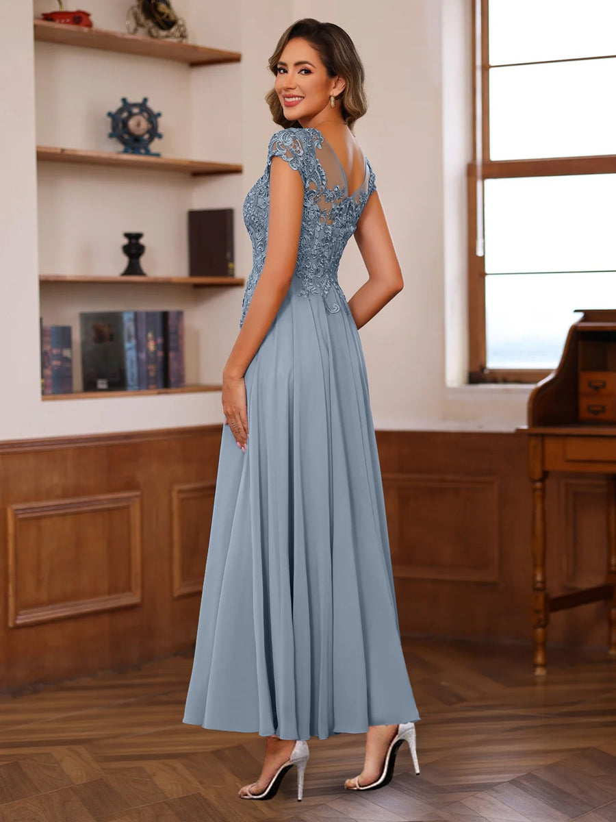 V Neck A Line Short Sleeve Ankle Length Mother of the Bride Dress with Lace Appliques