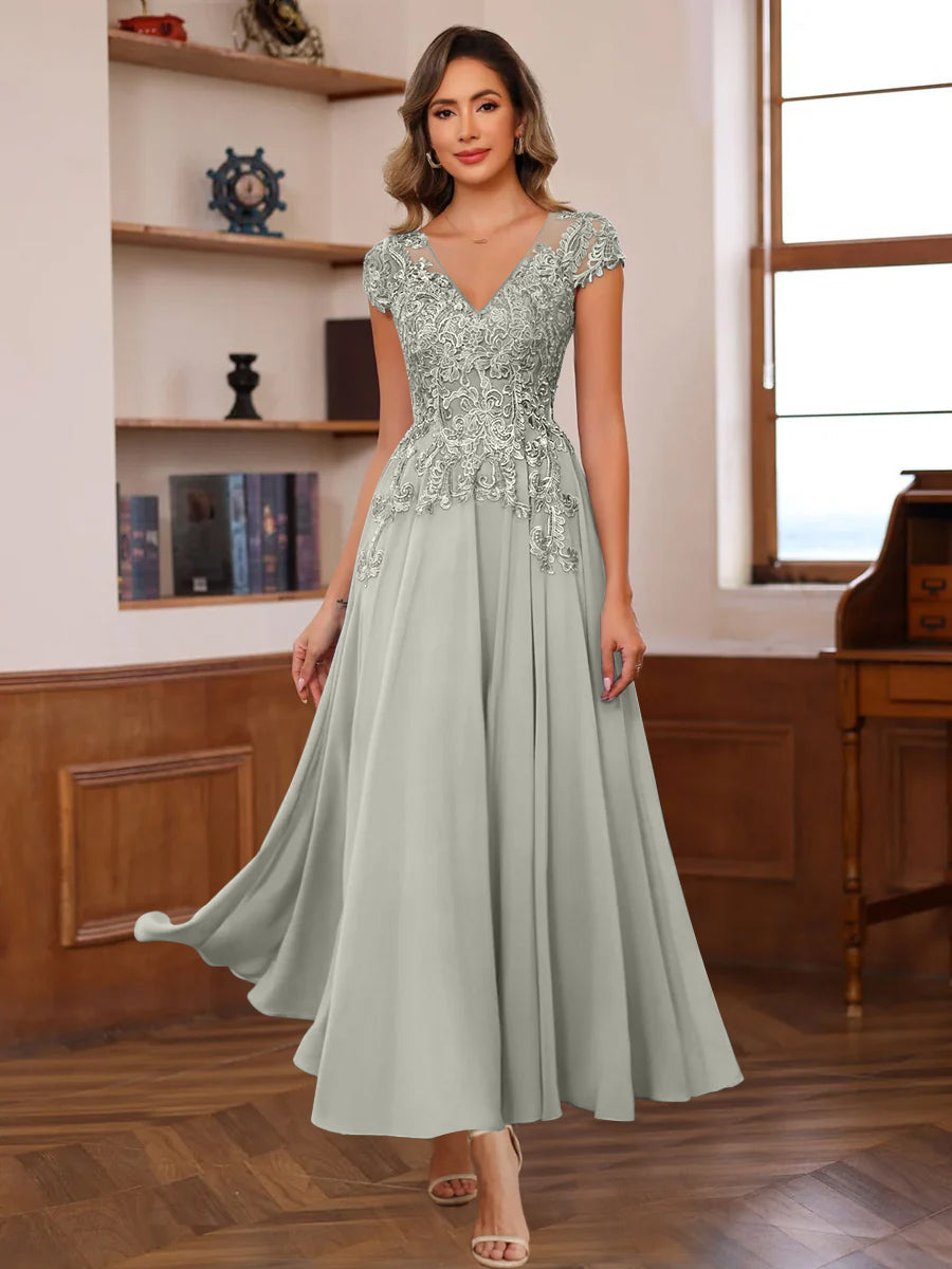 V Neck A Line Short Sleeve Ankle Length Mother of the Bride Dress with Lace Appliques