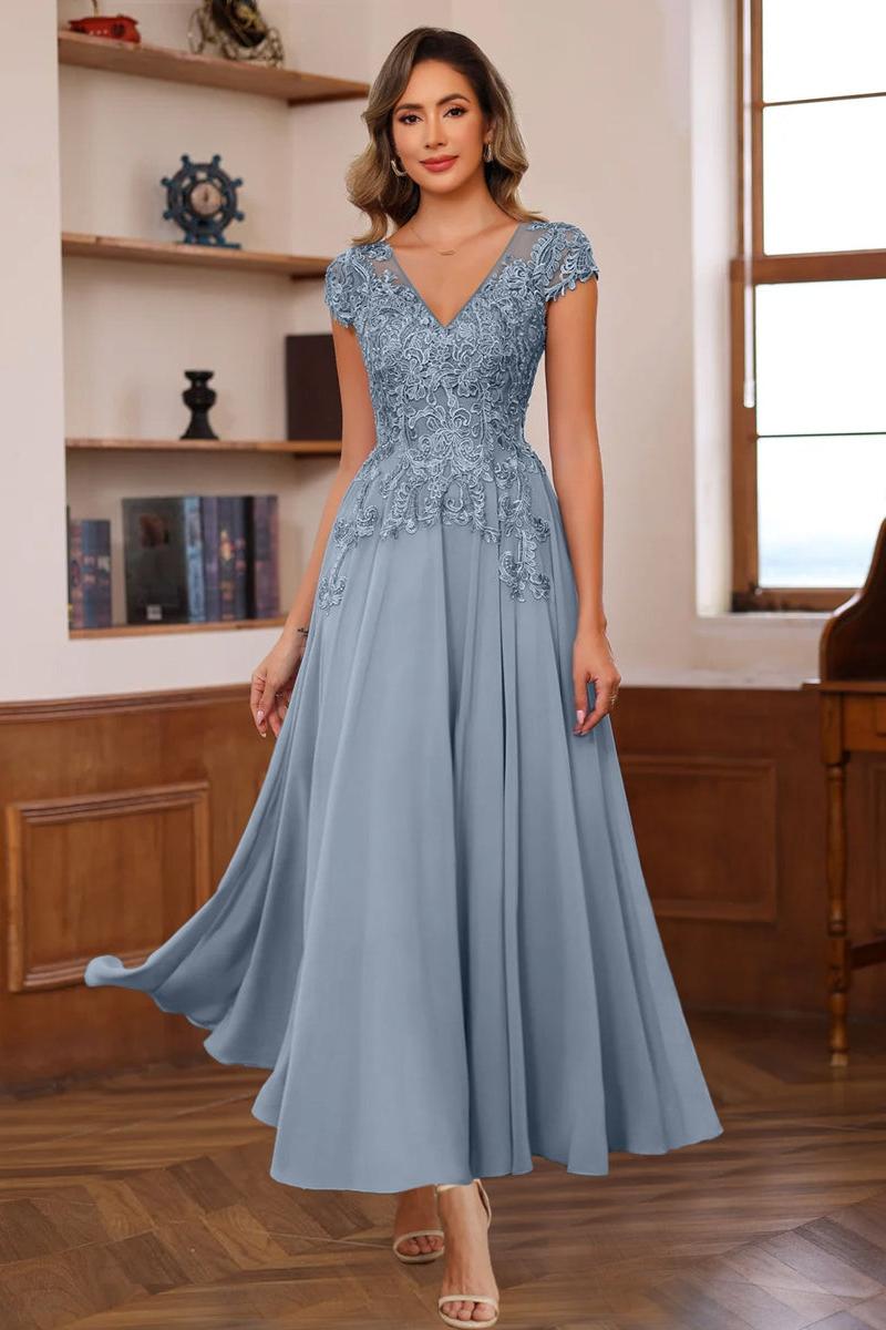V Neck A Line Short Sleeve Ankle Length Mother of the Bride Dress with Lace Appliques