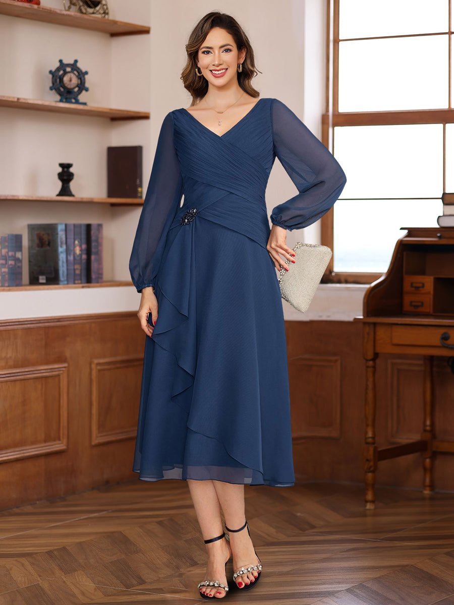V Neck A Line Tea Length Dress with Long Sleeves Pleats and Appliques for Mothers of the Bride & Groom