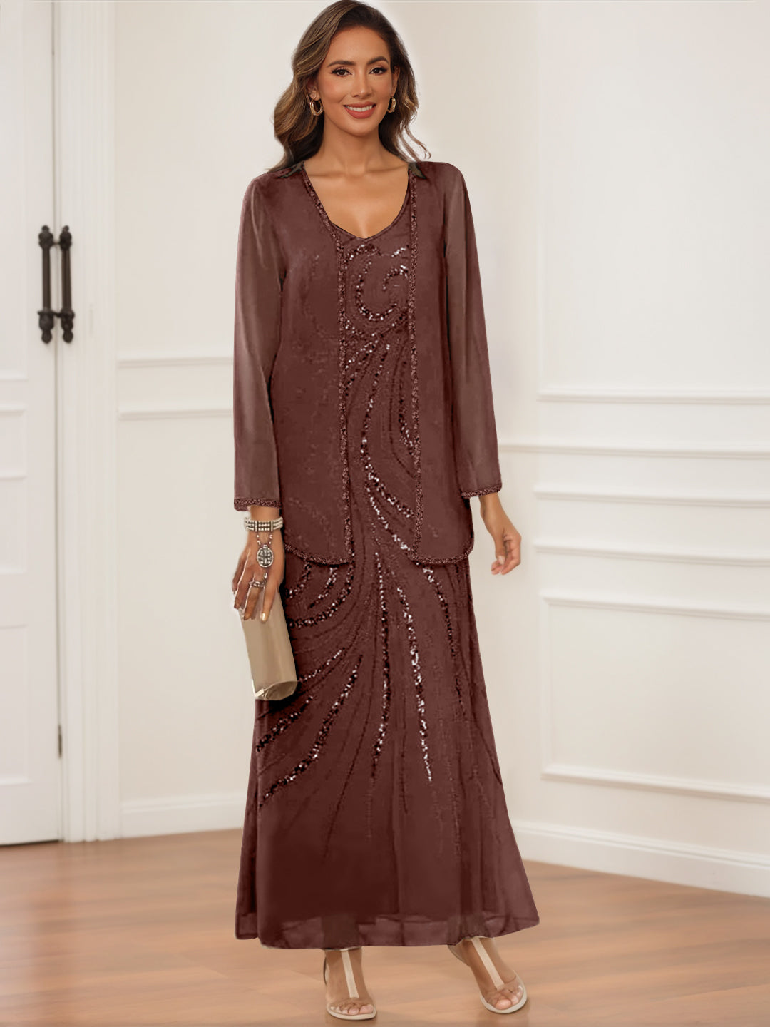V Neck Ankle Length Sheath Column Dress with Jacket & Sequins for Mothers of the Bride & Groom