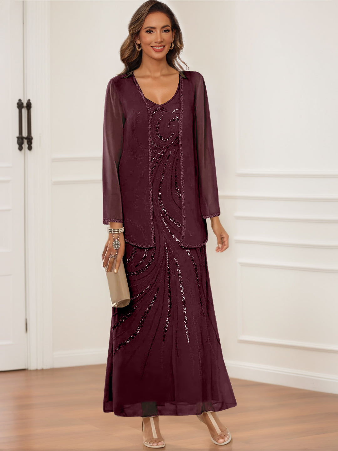 V Neck Ankle Length Sheath Column Dress with Jacket & Sequins for Mothers of the Bride & Groom