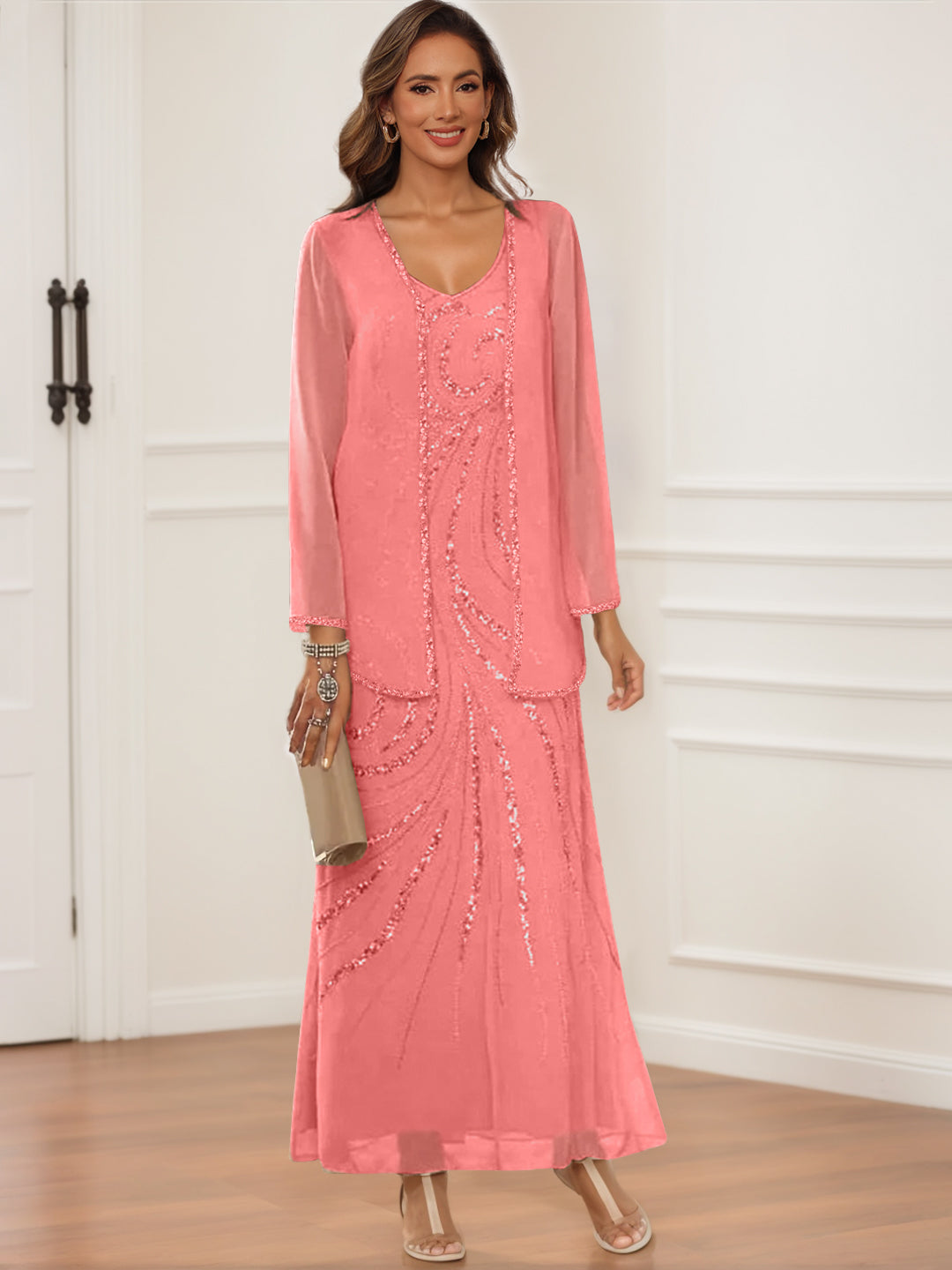 V Neck Ankle Length Sheath Column Dress with Jacket & Sequins for Mothers of the Bride & Groom