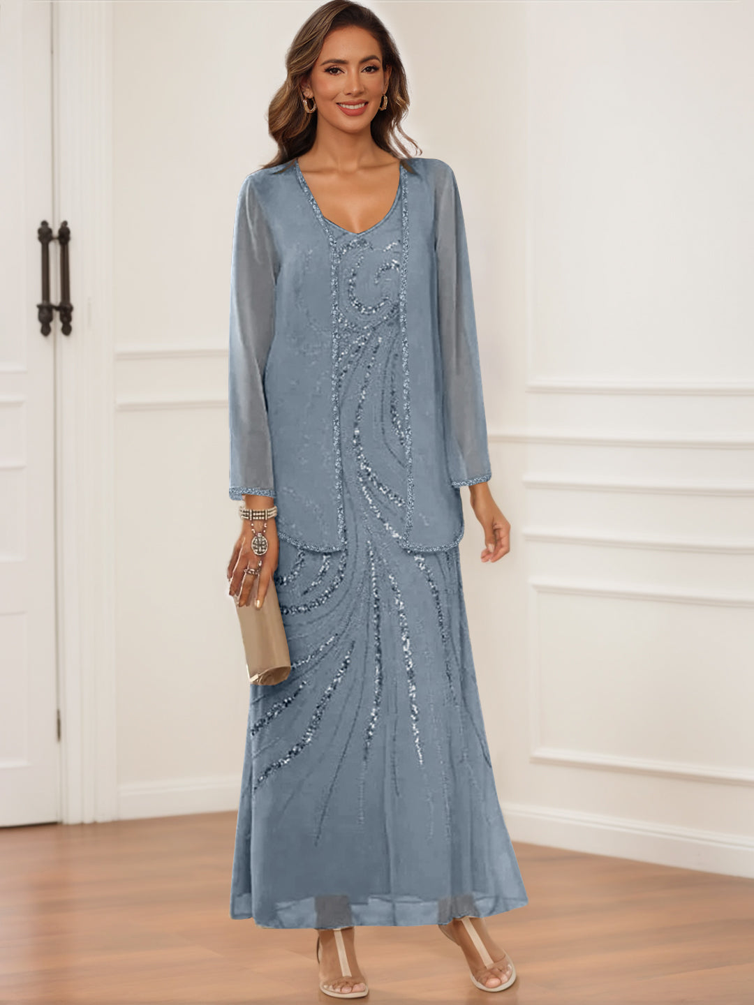 V Neck Ankle Length Sheath Column Dress with Jacket & Sequins for Mothers of the Bride & Groom