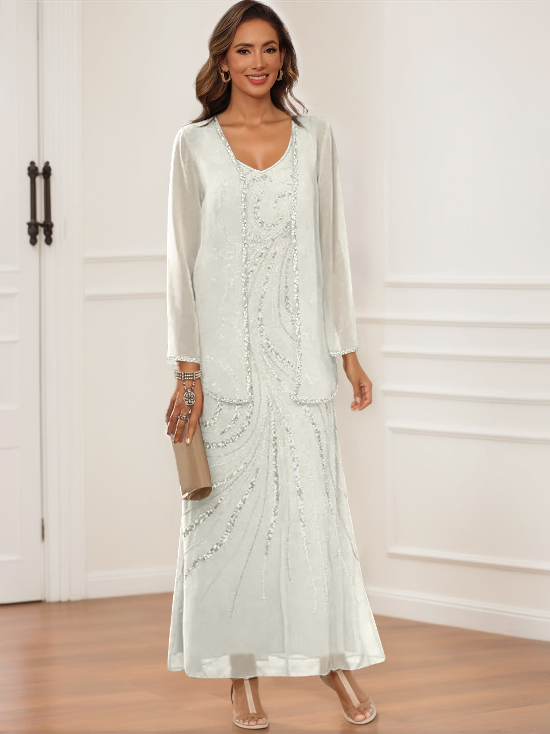V Neck Ankle Length Sheath Column Dress with Jacket & Sequins for Mothers of the Bride & Groom