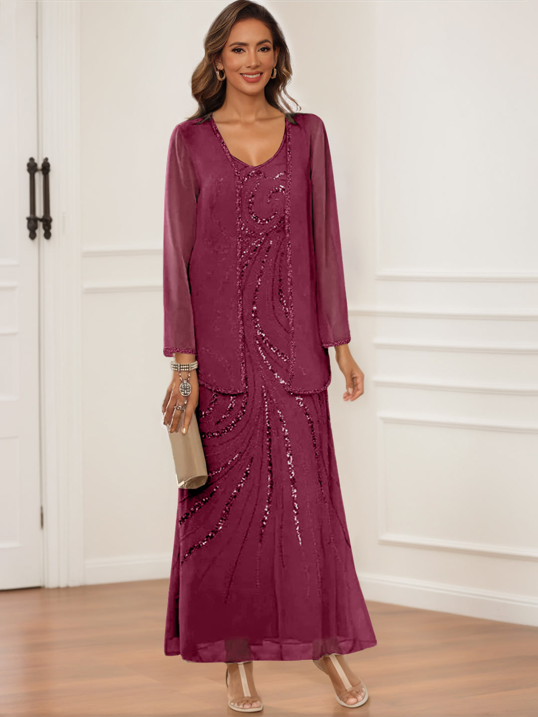V Neck Ankle Length Sheath Column Dress with Jacket & Sequins for Mothers of the Bride & Groom