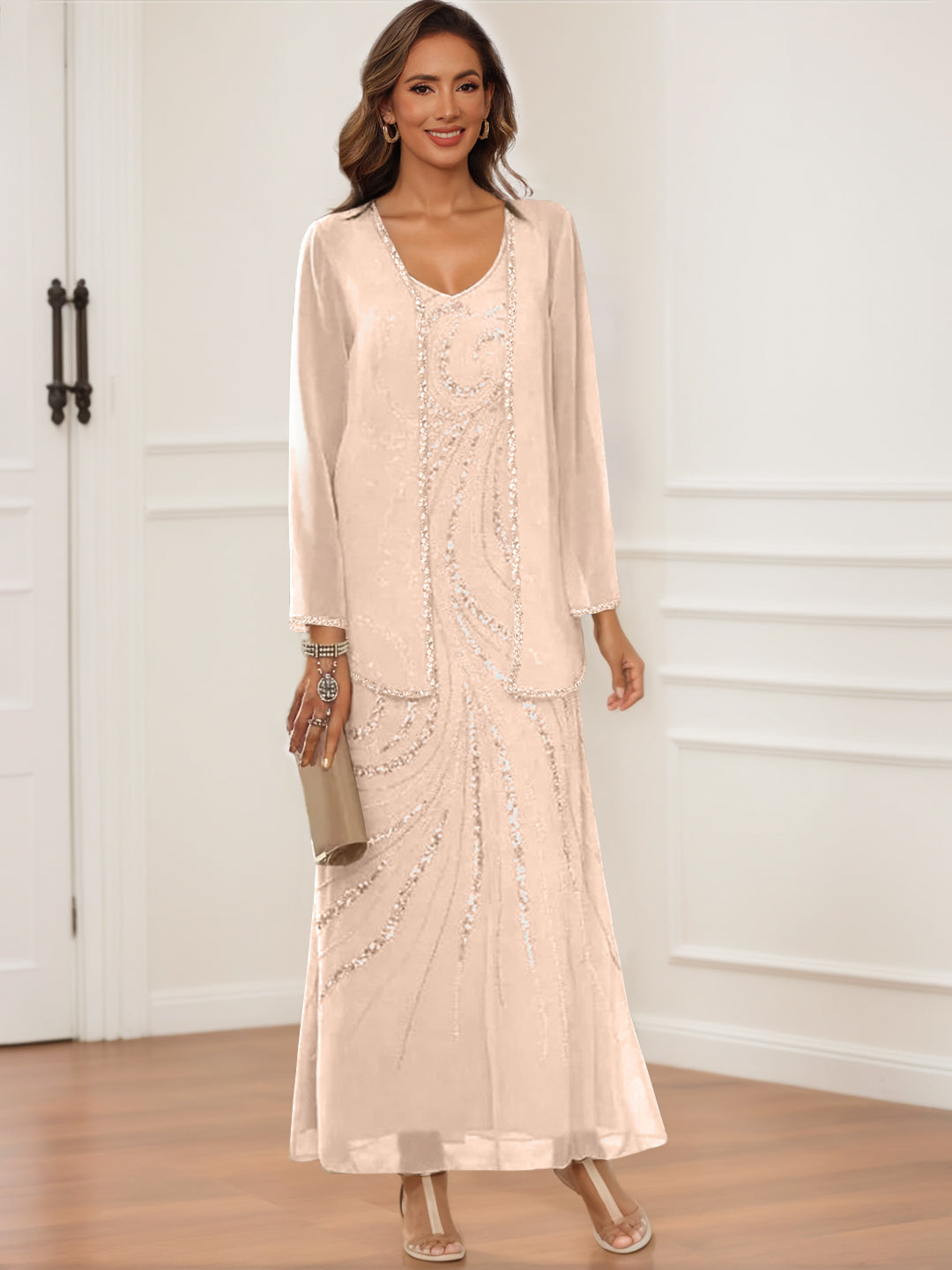 V Neck Ankle Length Sheath Column Dress with Jacket & Sequins for Mothers of the Bride & Groom