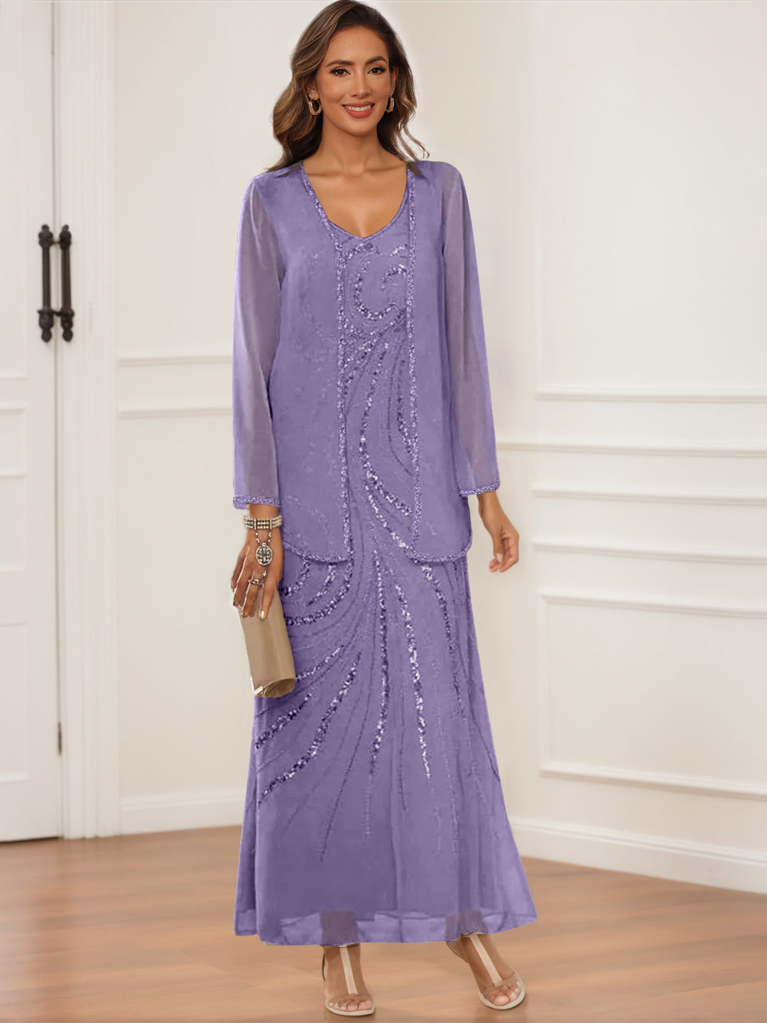V Neck Ankle Length Sheath Column Dress with Jacket & Sequins for Mothers of the Bride & Groom