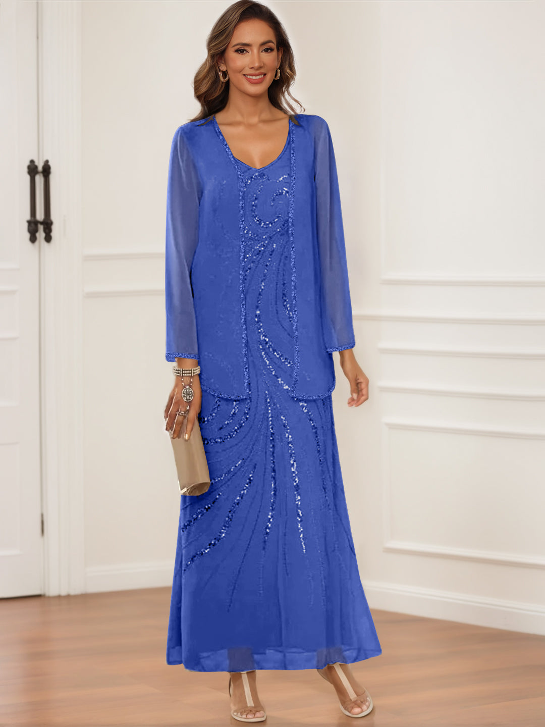 V Neck Ankle Length Sheath Column Dress with Jacket & Sequins for Mothers of the Bride & Groom