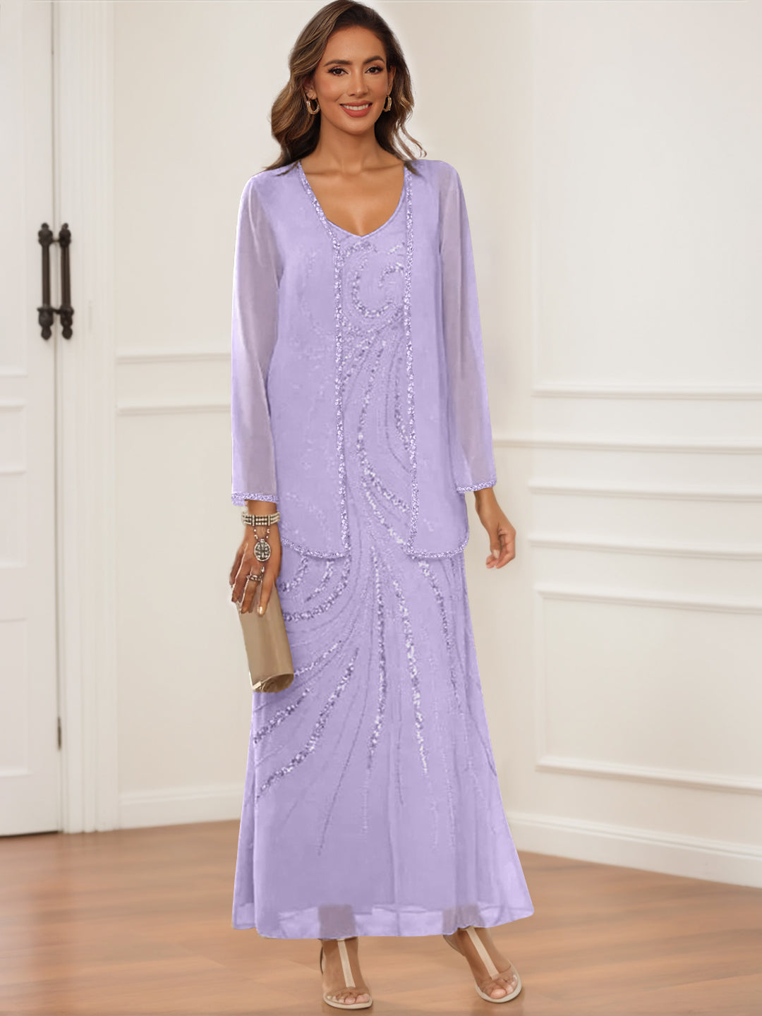 V Neck Ankle Length Sheath Column Dress with Jacket & Sequins for Mothers of the Bride & Groom