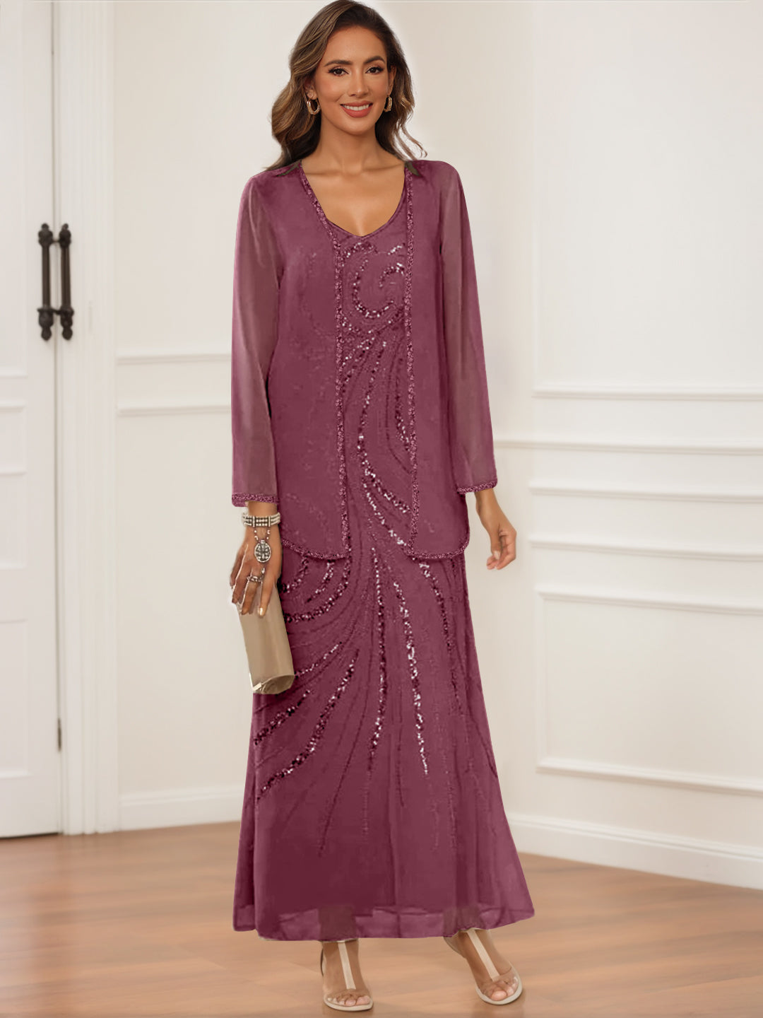 V Neck Ankle Length Sheath Column Dress with Jacket & Sequins for Mothers of the Bride & Groom
