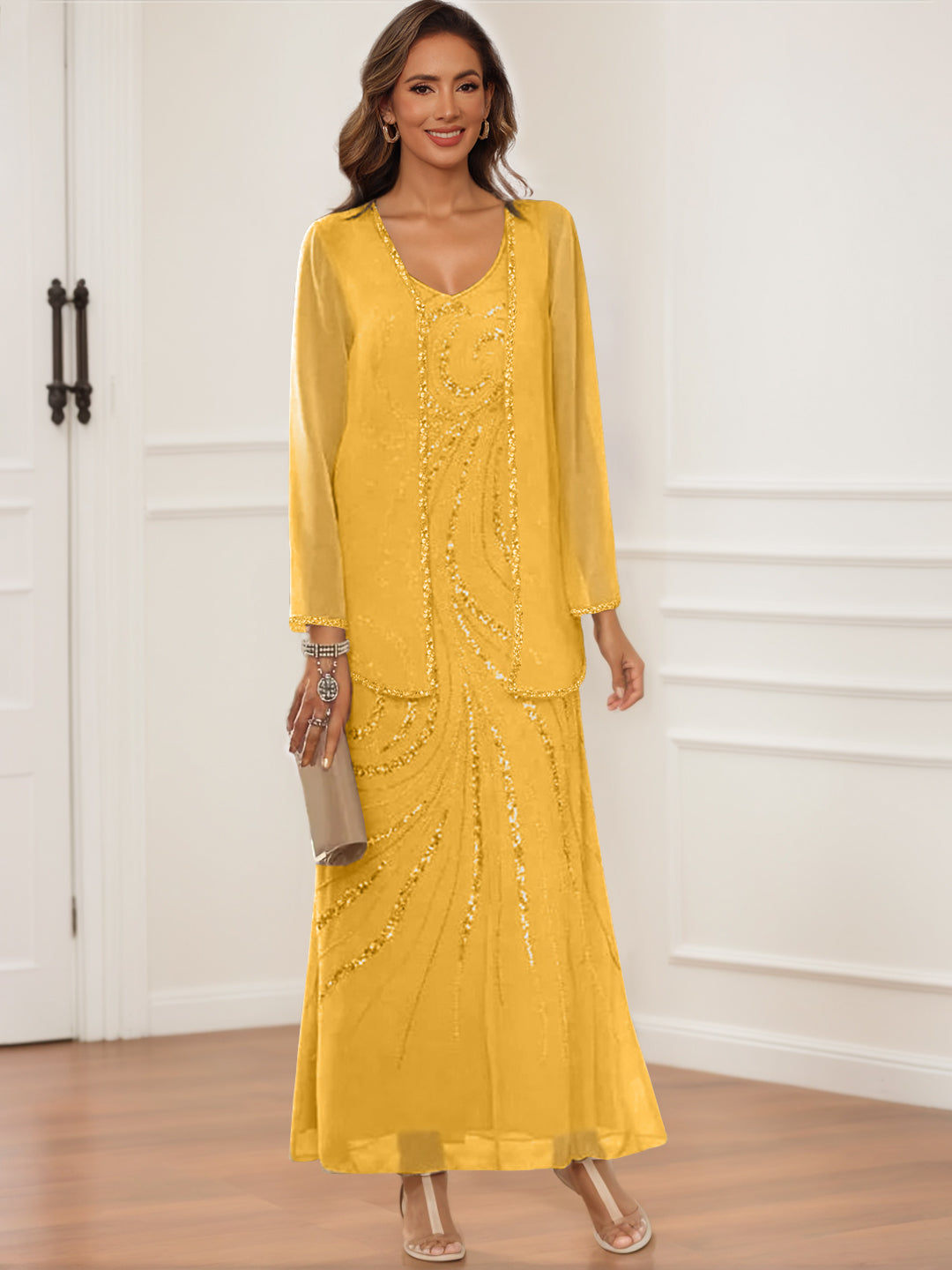 V Neck Ankle Length Sheath Column Dress with Jacket & Sequins for Mothers of the Bride & Groom
