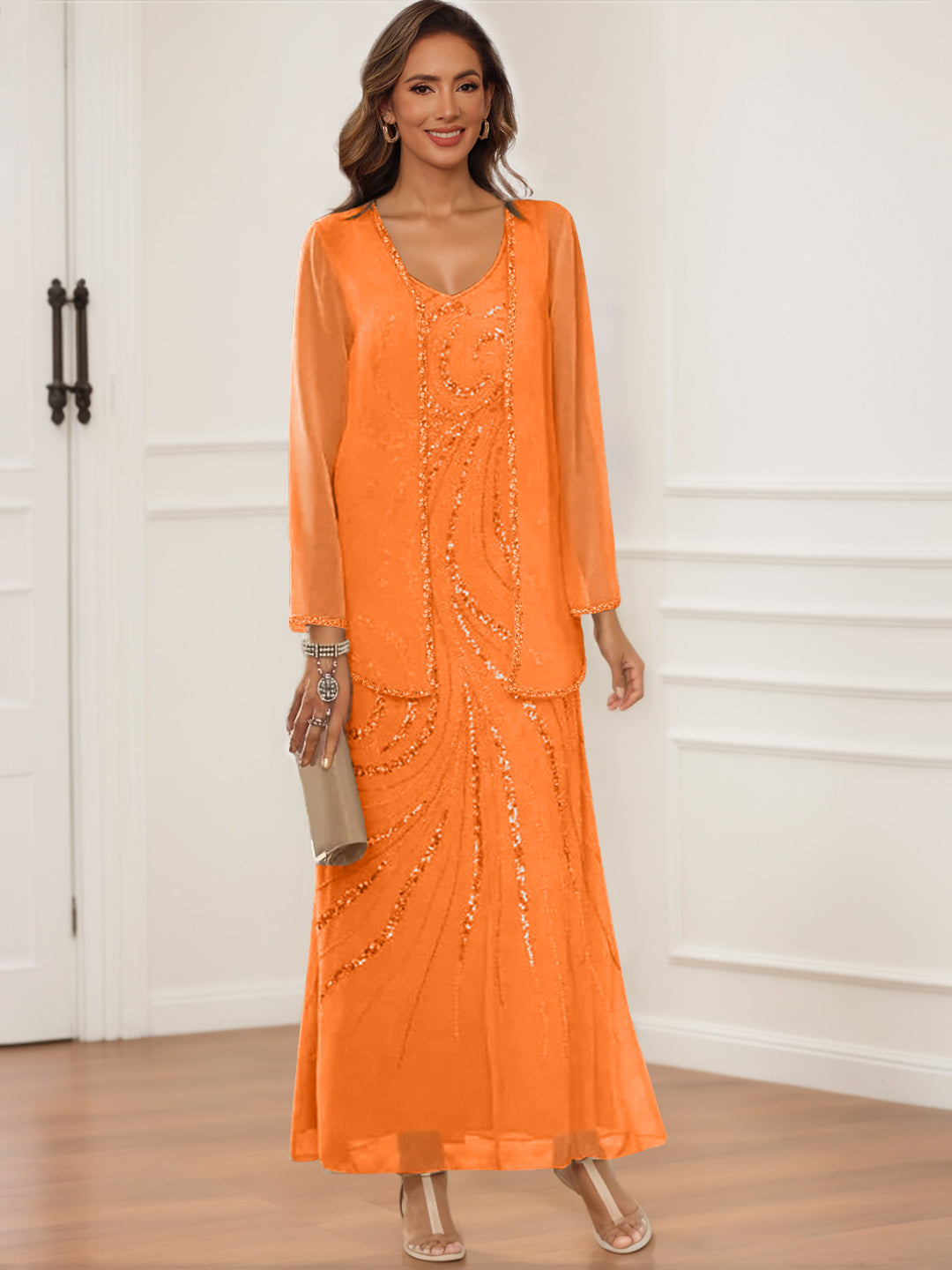 V Neck Ankle Length Sheath Column Dress with Jacket & Sequins for Mothers of the Bride & Groom