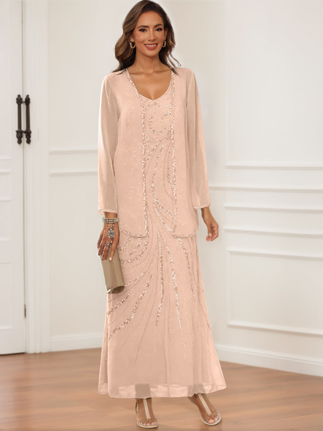 V Neck Ankle Length Sheath Column Dress with Jacket & Sequins for Mothers of the Bride & Groom