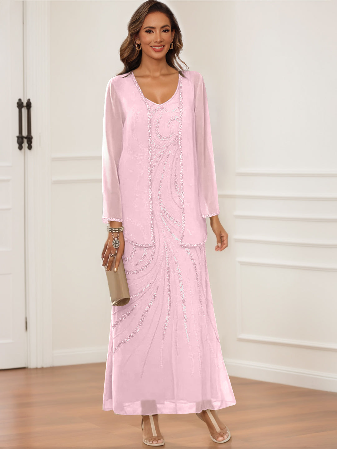 V Neck Ankle Length Sheath Column Dress with Jacket & Sequins for Mothers of the Bride & Groom