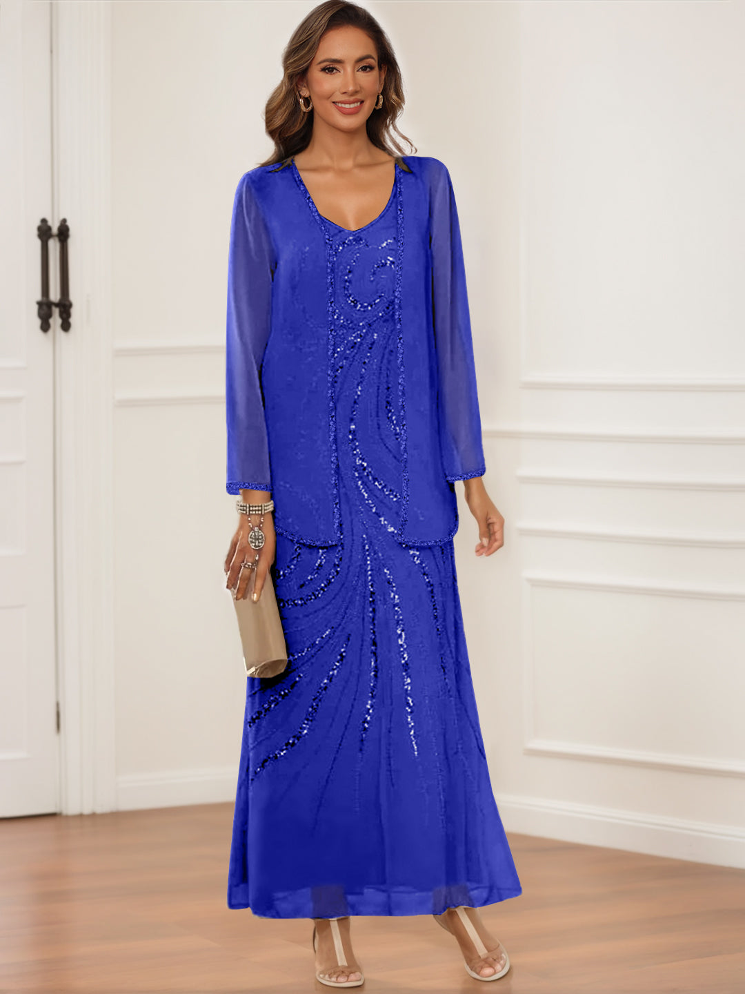 V Neck Ankle Length Sheath Column Dress with Jacket & Sequins for Mothers of the Bride & Groom