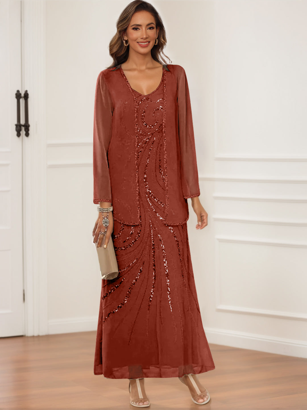 V Neck Ankle Length Sheath Column Dress with Jacket & Sequins for Mothers of the Bride & Groom
