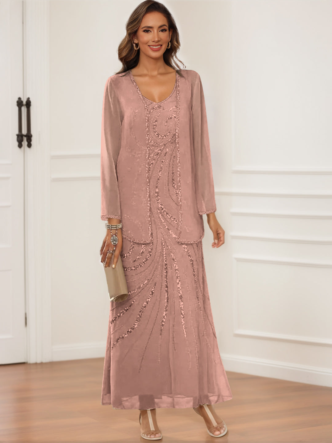 V Neck Ankle Length Sheath Column Dress with Jacket & Sequins for Mothers of the Bride & Groom