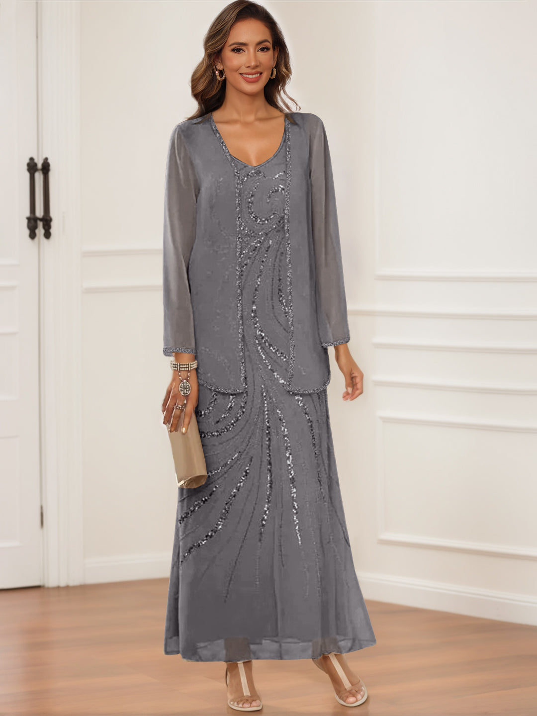 V Neck Ankle Length Sheath Column Dress with Jacket & Sequins for Mothers of the Bride & Groom