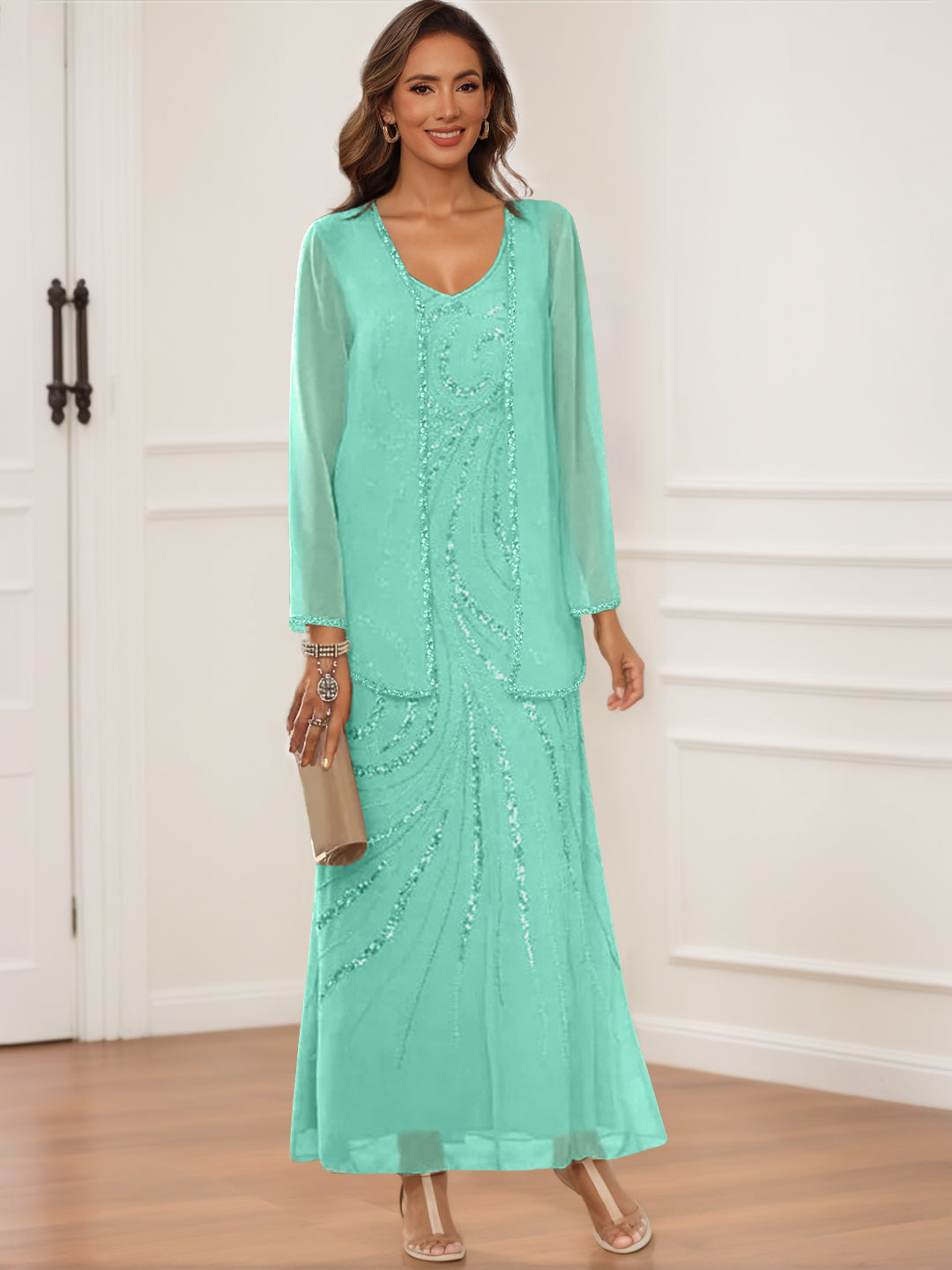 V Neck Ankle Length Sheath Column Dress with Jacket & Sequins for Mothers of the Bride & Groom