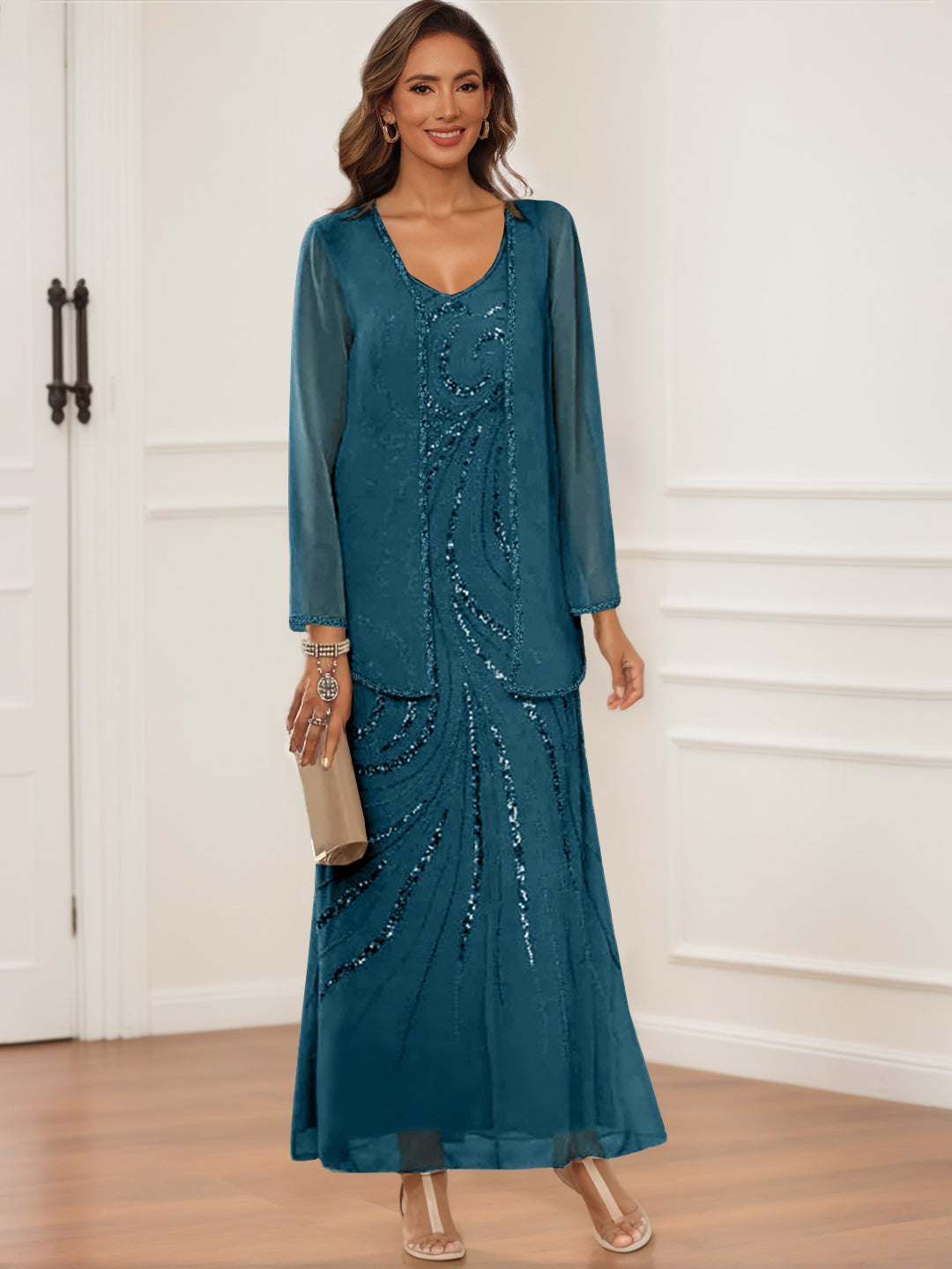 V Neck Ankle Length Sheath Column Dress with Jacket & Sequins for Mothers of the Bride & Groom