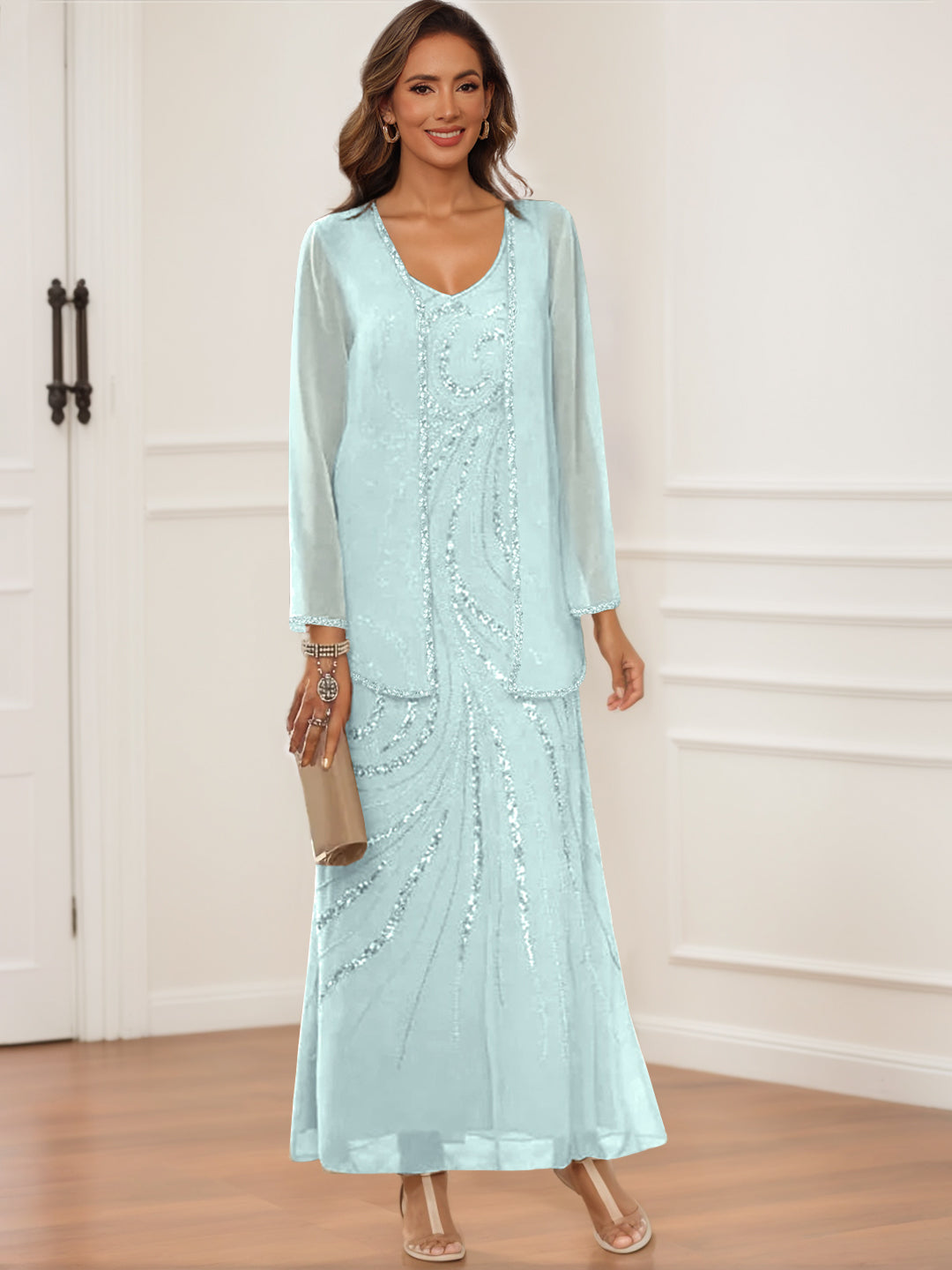 V Neck Ankle Length Sheath Column Dress with Jacket & Sequins for Mothers of the Bride & Groom
