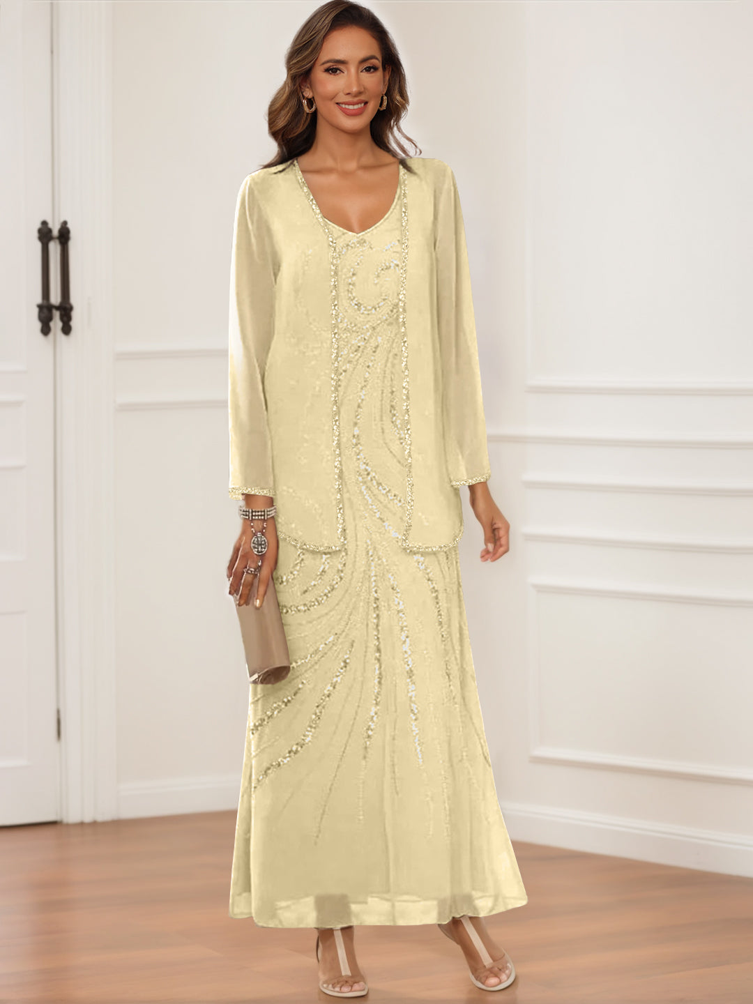 V Neck Ankle Length Sheath Column Dress with Jacket & Sequins for Mothers of the Bride & Groom