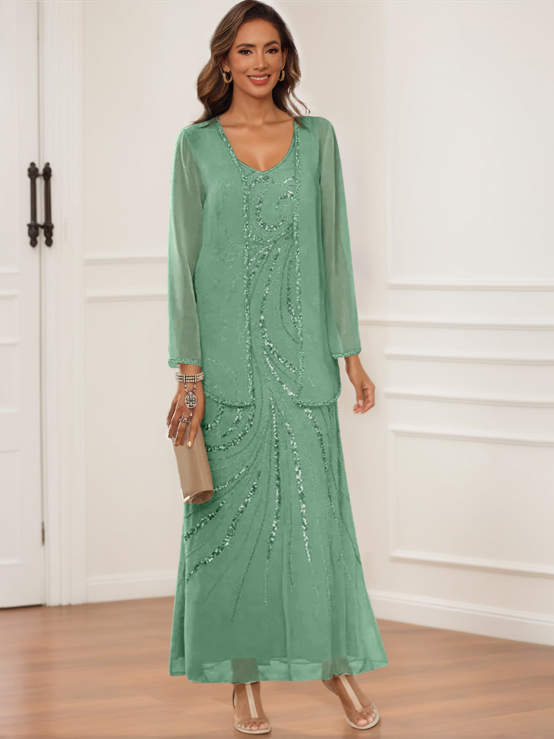 V Neck Ankle Length Sheath Column Dress with Jacket & Sequins for Mothers of the Bride & Groom