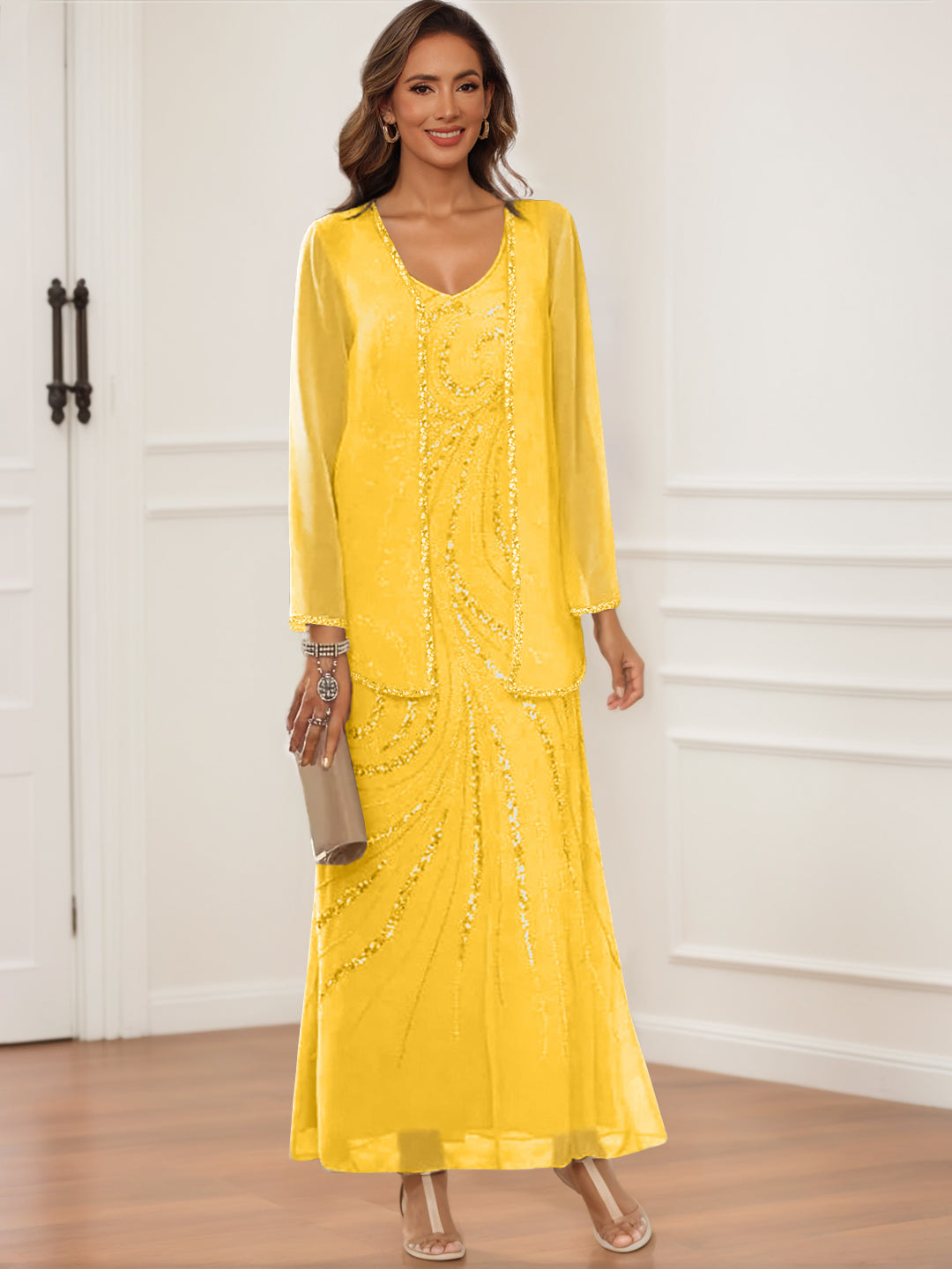 V Neck Ankle Length Sheath Column Dress with Jacket & Sequins for Mothers of the Bride & Groom