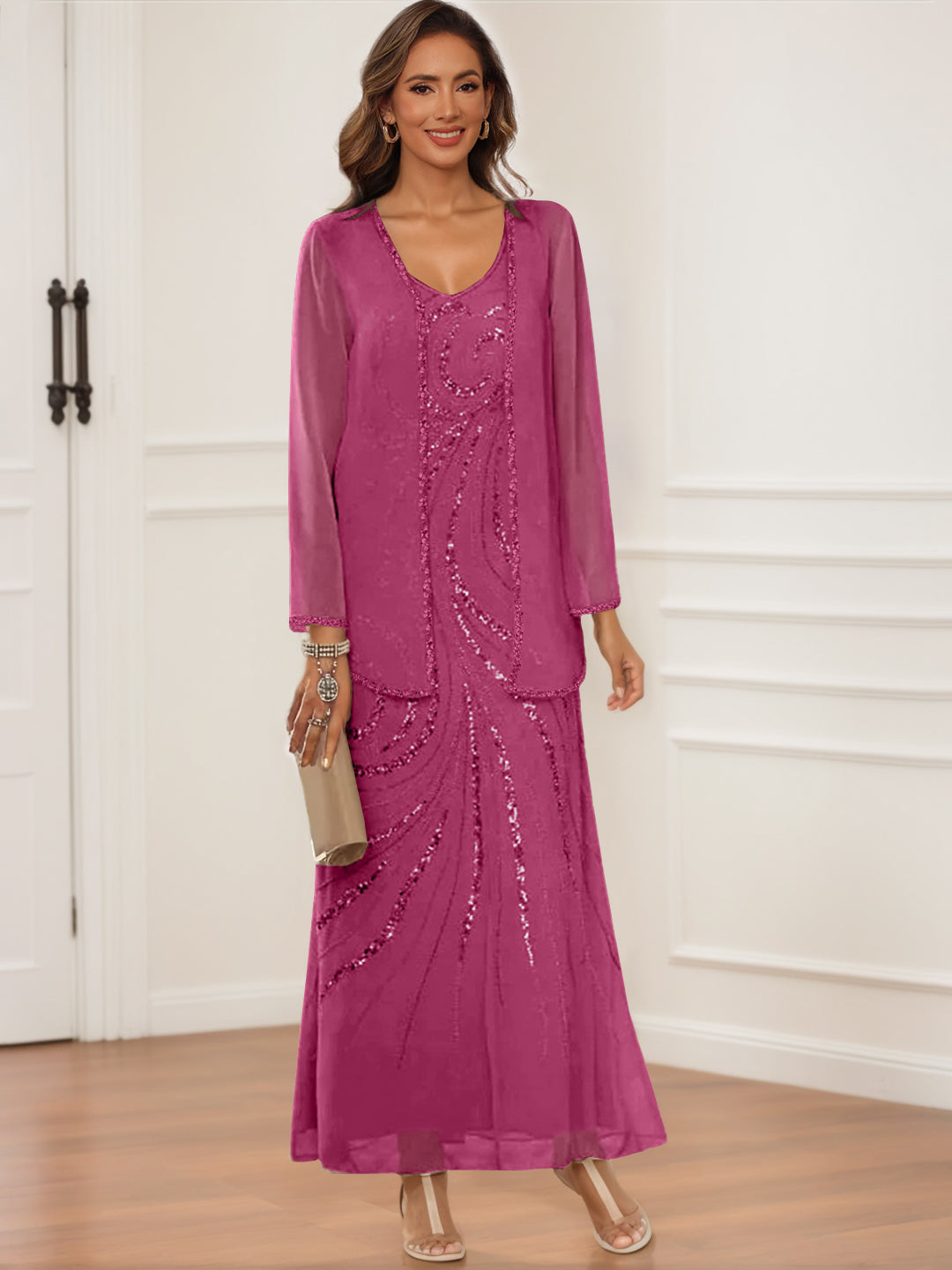 V Neck Ankle Length Sheath Column Dress with Jacket & Sequins for Mothers of the Bride & Groom