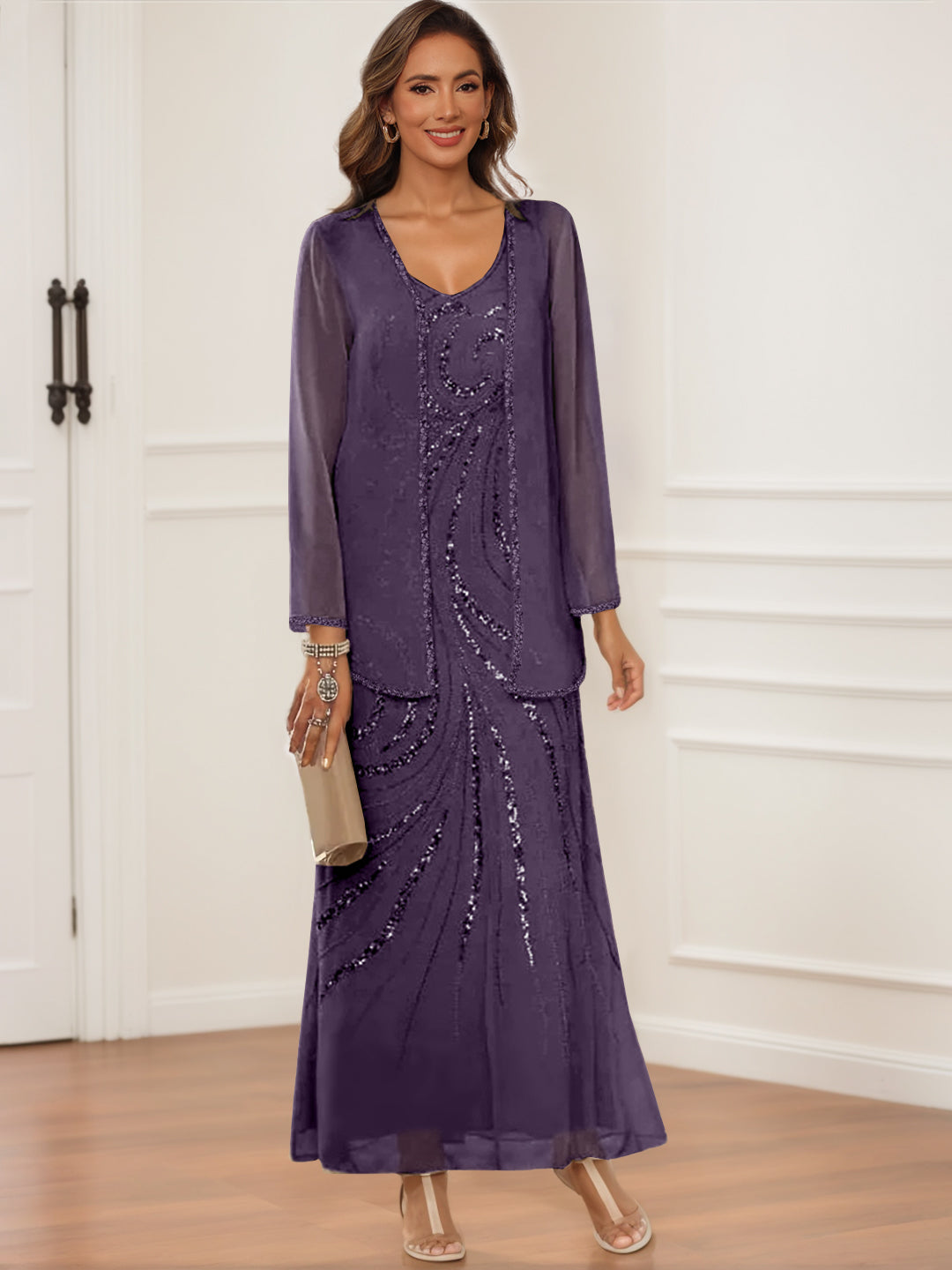 V Neck Ankle Length Sheath Column Dress with Jacket & Sequins for Mothers of the Bride & Groom