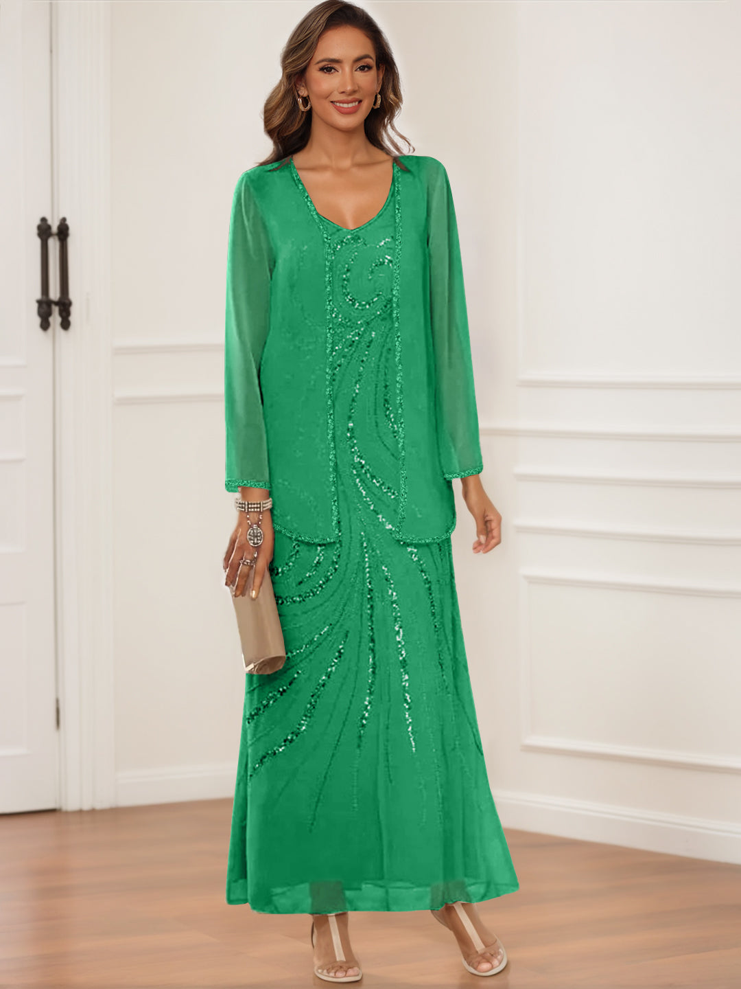 V Neck Ankle Length Sheath Column Dress with Jacket & Sequins for Mothers of the Bride & Groom