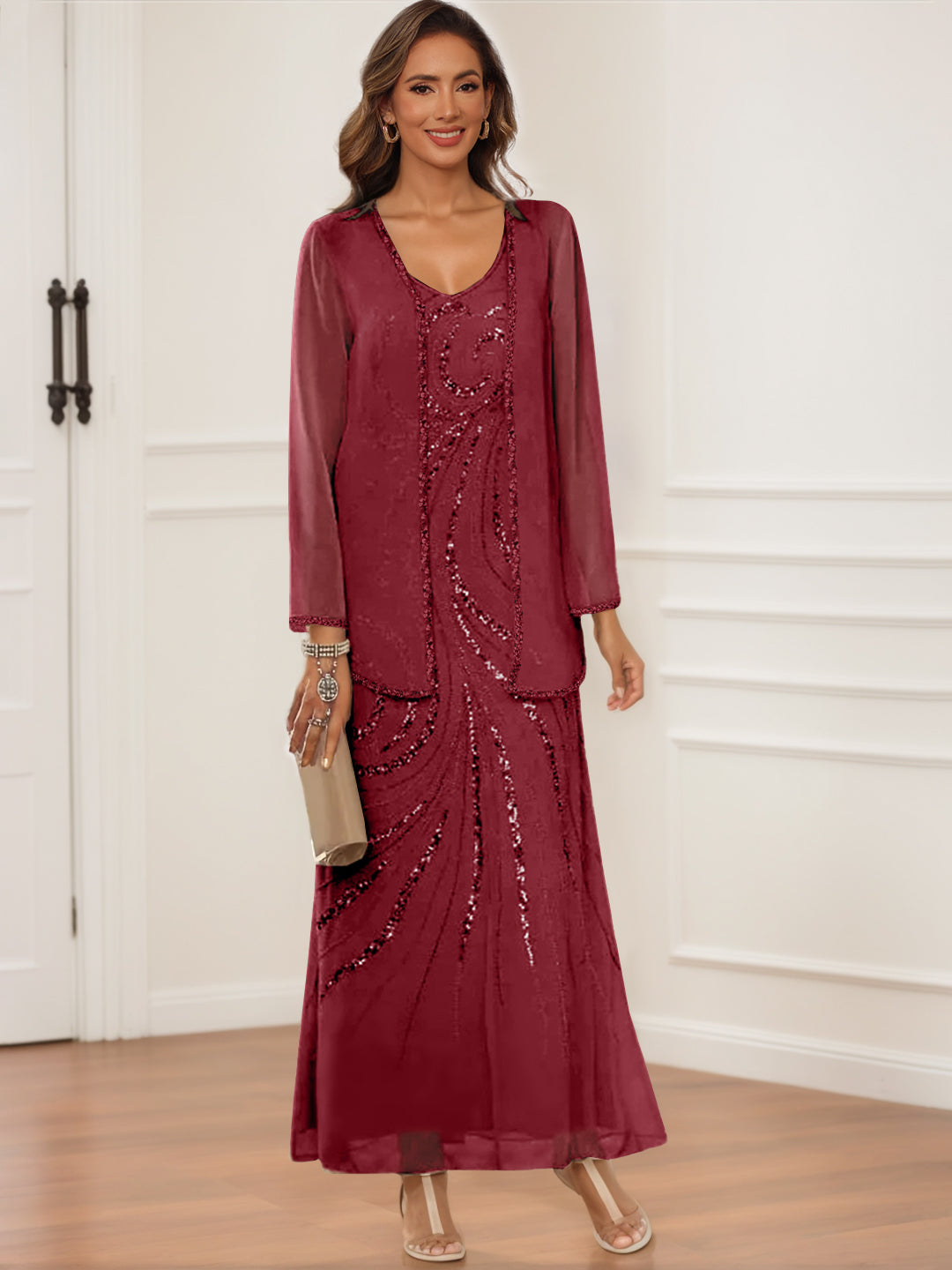 V Neck Ankle Length Sheath Column Dress with Jacket & Sequins for Mothers of the Bride & Groom