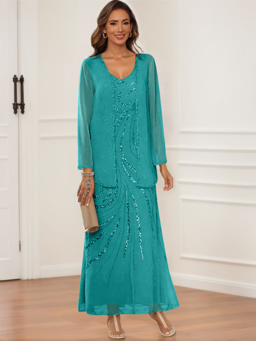 V Neck Ankle Length Sheath Column Dress with Jacket & Sequins for Mothers of the Bride & Groom