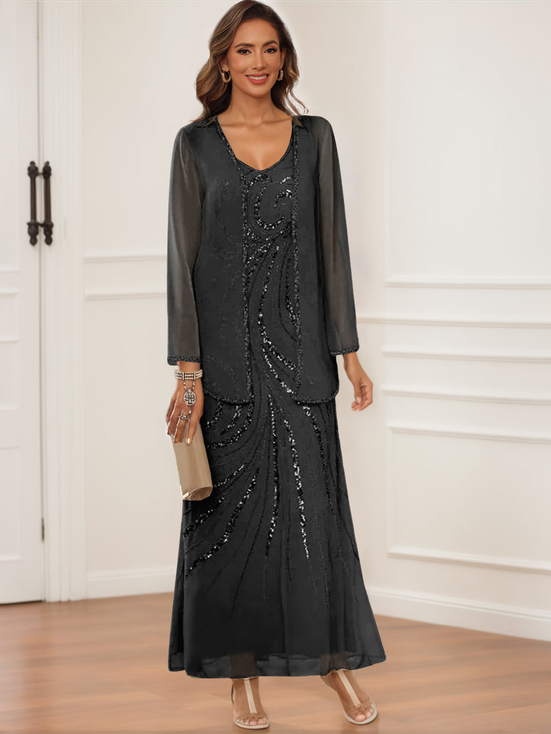 V Neck Ankle Length Sheath Column Dress with Jacket & Sequins for Mothers of the Bride & Groom