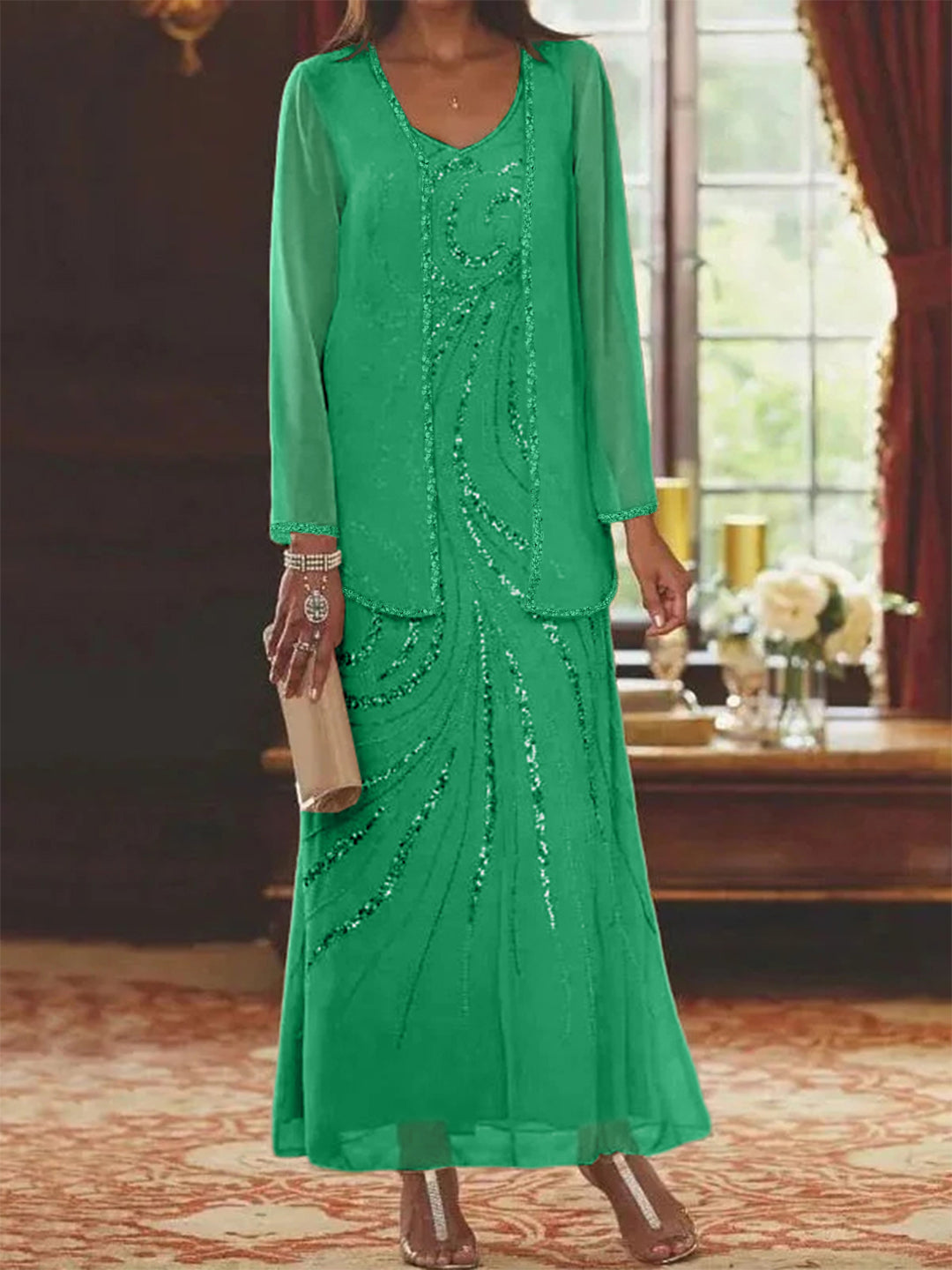 Chiffon Mother of the Bride Dress 3/4 Sleeve Wedding Guest Dress with Beadings