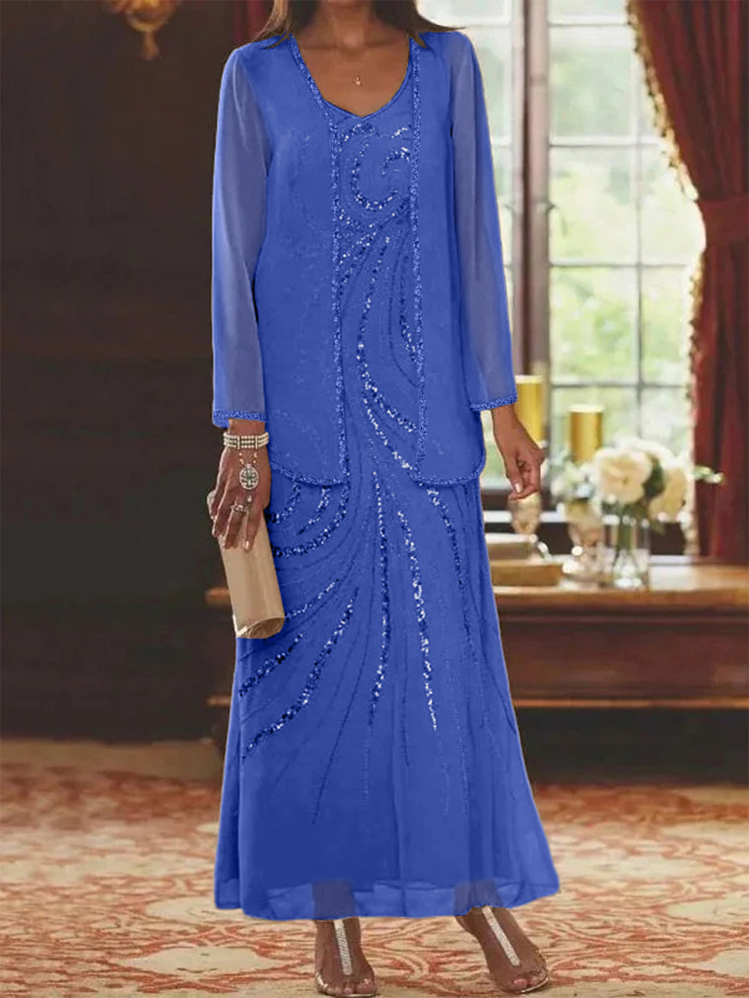 Chiffon Mother of the Bride Dress 3/4 Sleeve Wedding Guest Dress with Beadings
